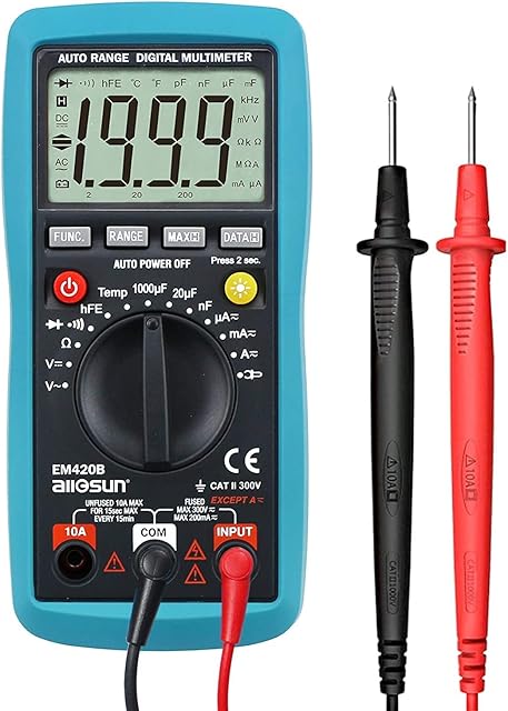 allsun Digital Multimeter Voltmeter Ammeter Ohmmeter Multimeter Tester Measures to AC/DC Current, Voltage, Resistance, Transistor hFE, Continuity, Capacitance, Tests Diodes, Transistors, Temperature