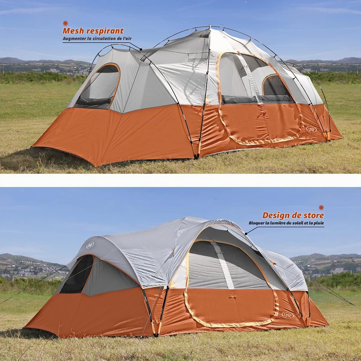 UNP Tente Familiale 10 Personnes, Grande Tente Camping à 2 Espaces | 549 × 274 × 198 cm, intérieur spacieux pour 10 sacs de couchage ou 3 matelas gonflables queen size
