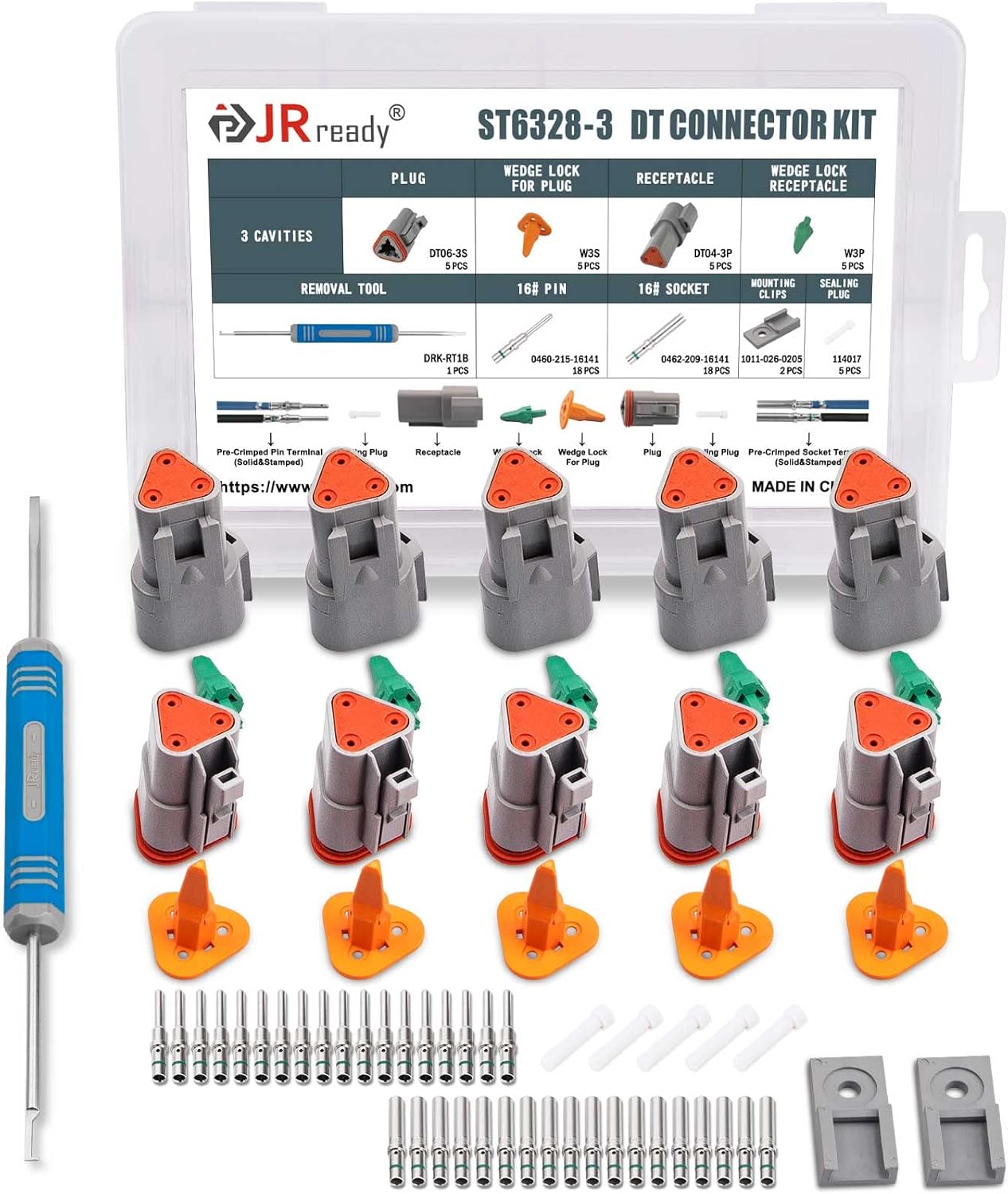 JRready Deutsch Connector 3 Pin Connector Kits with Size 16 Solid Contacts(14-20AWG), ST6328-3 Waterproof DT Series Connector 3 Pin 5 Sets and Deutsch Pin Removal Tool DRK-RT1B with Mounting Clips DT-3Pin 5Pairs