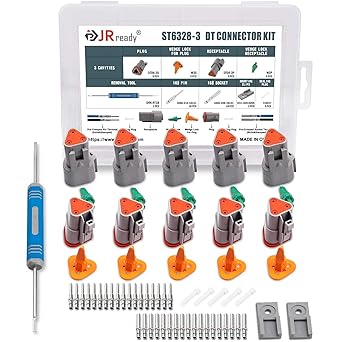 JRready ST6328-3 Deutsch DT Gray Connector 5 Kit 3 Pin Connector with Sealing Plugs,16 Solid Contacts?14-20 AWG?,Removal Tool DRK-RT1B,DT04-3P DT06-3S w/Wedge Lock W3P W3S?5 Kits, 3 Pin?