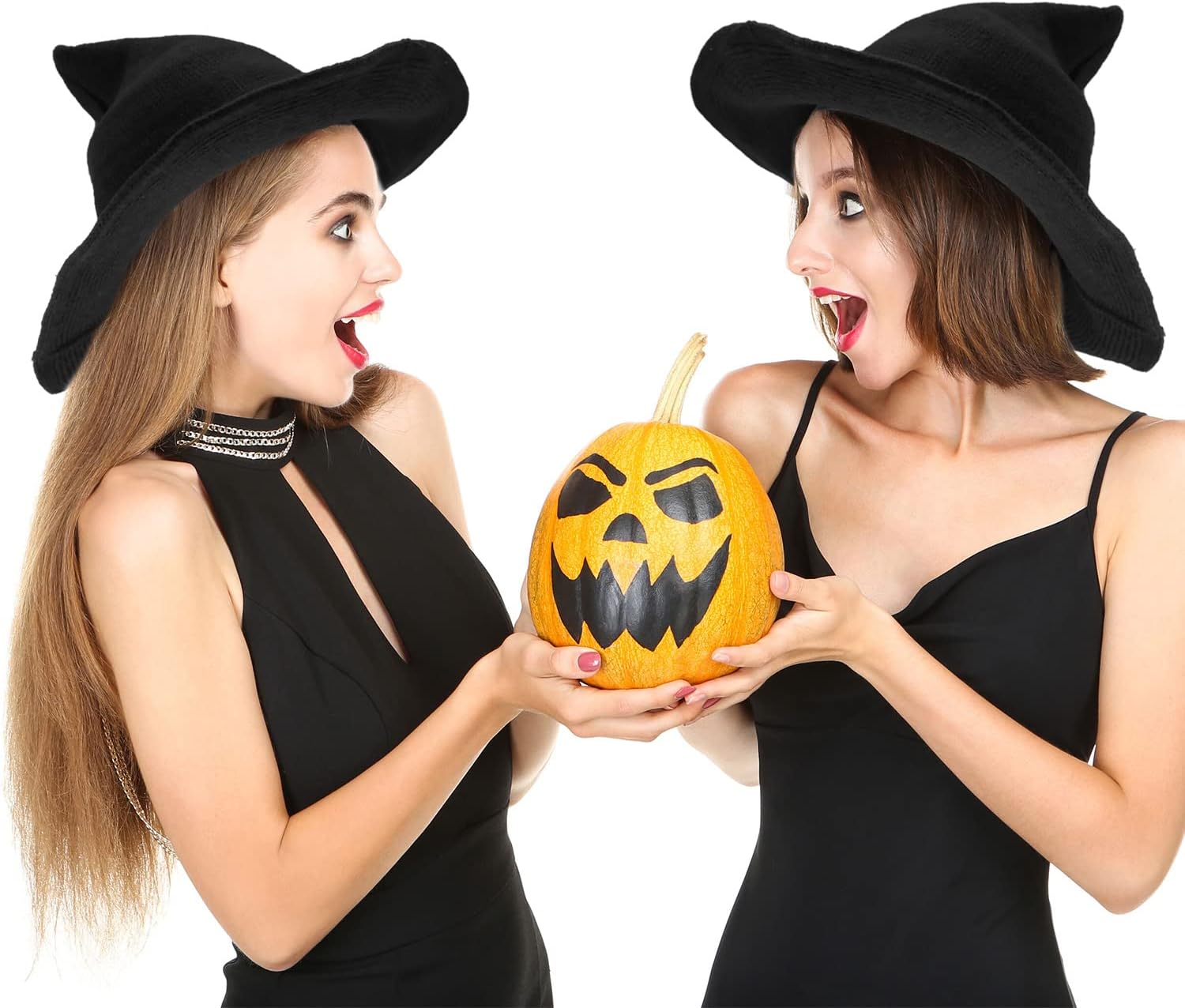 3 Pack Halloween Witch Hat Kinitted Wool Witch Hat Wizard Hat for Women Large Brim Crochet Cap for Halloween Party Cosplay Costume Accessory (Color set 1)