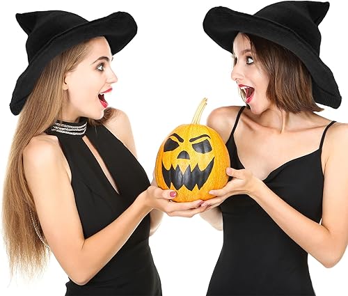 Miniatura 4 de Paquete de 3 sombreros de bruja de Halloween, sombrero de bruja de lana cinitada, sombrero de mago para mujer, gorra de ganchillo de ala grande para