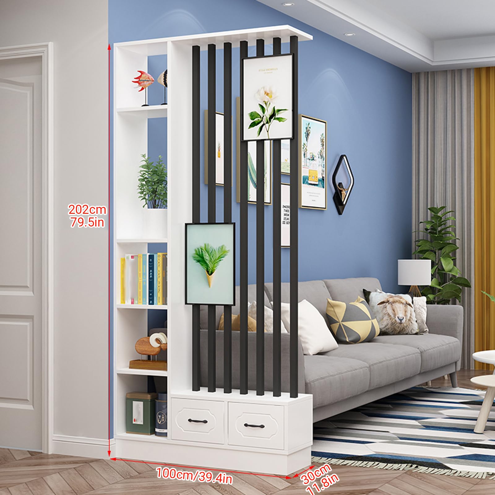 Divisorio per ambienti in legno schermo privacy contenitore con cassetti | Libreria aperta autoportante in legno a griglia, ripiani aperti multilivello(White+Black,100CM/39.4IN)