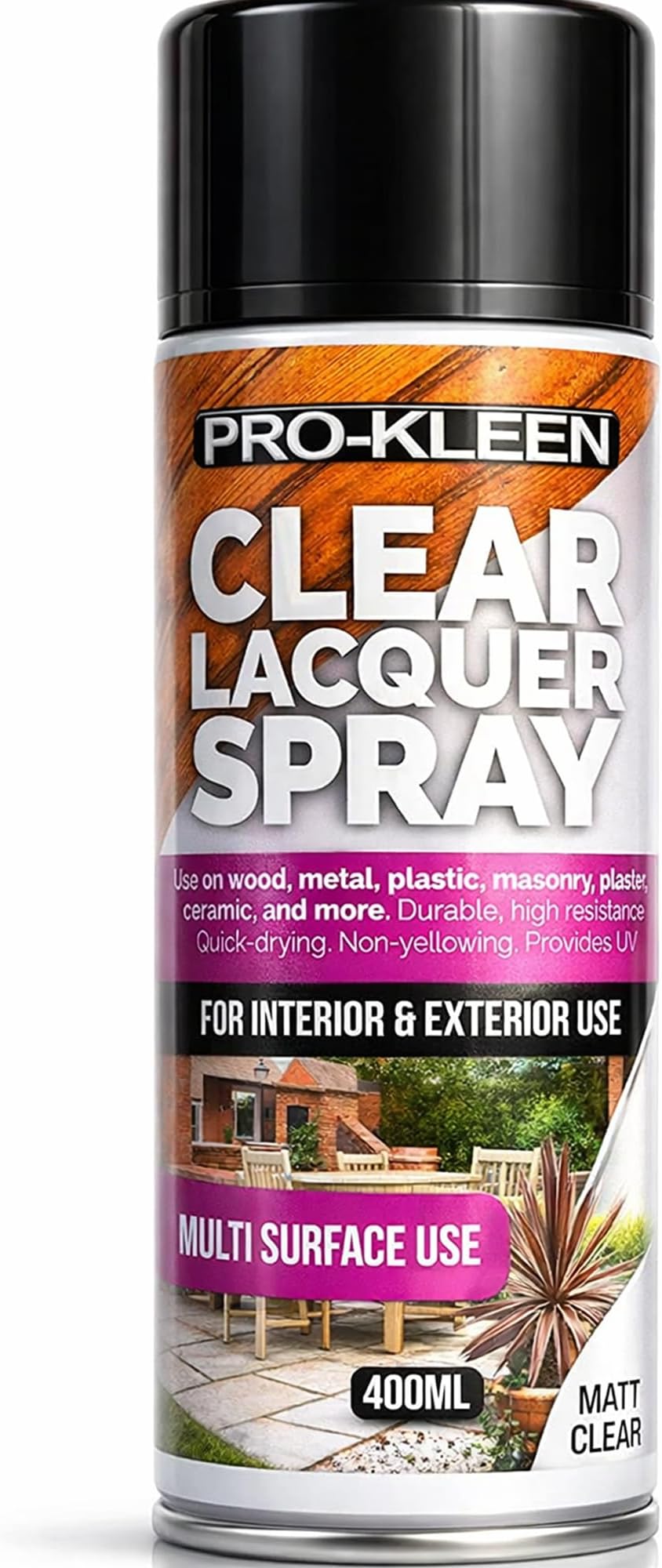 Pro-Kleen Clear Lacquer Spray - Protects and Seals - for Metal, Wood, Plastics & Ceramics - Fast Drying Formula for Interior and Exterior Surfaces - Clear, Durable & Flexible - (Matt, 1 x 400ml)