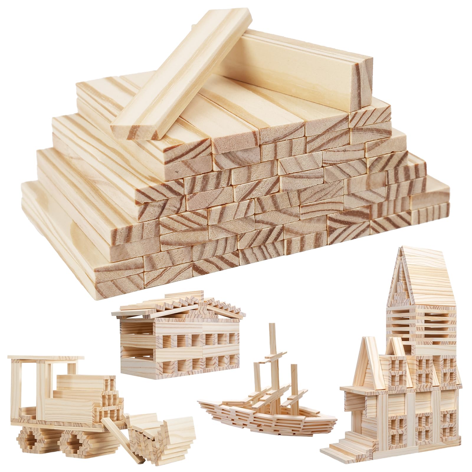 100 Pcs Wood,10 x 2 x 0.7cm Wooden Plank Building Blocks,Wooden Blocks for Kids Natural Pine Wood for Crafts Modelling Making,Home Decor
