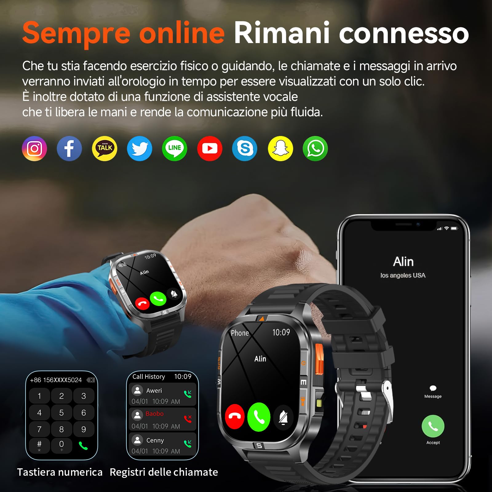 Orologio intelligente GPS militare con bussola/altezza/torcia, 2,01 pollici con schermo HD, assistente vocale/chiamate Bluetooth, per Android e iOS, diverse modalità di movimento (Nero)
