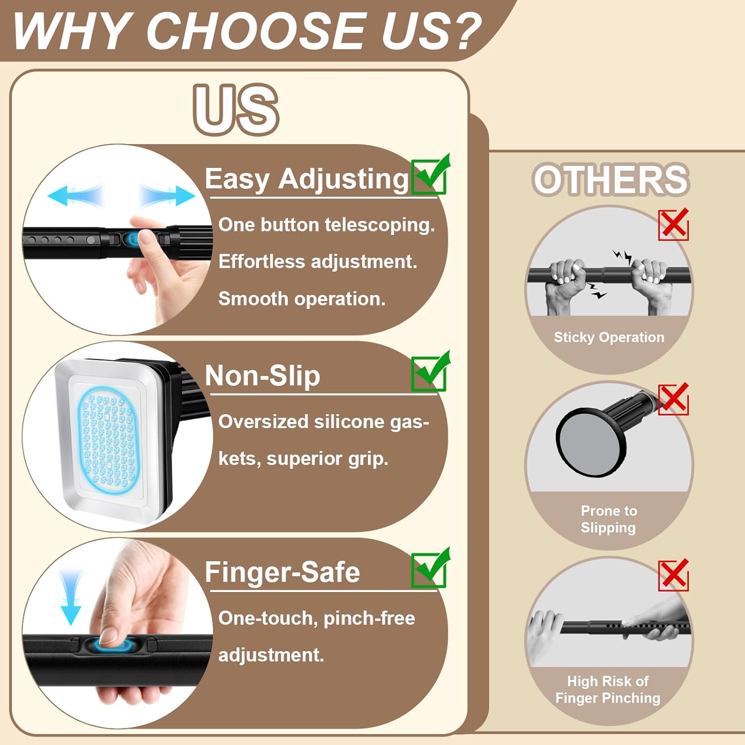 YNL Tension Curtain Rods No Drilling, One-Click Shower Curtain Rod 39-86 Inch, Outdoor Tension Rods for Patio, Window or Bathroom, Easy to Install, Renter Friendly Curtain Rod, No-slip, Black Black 39-86"