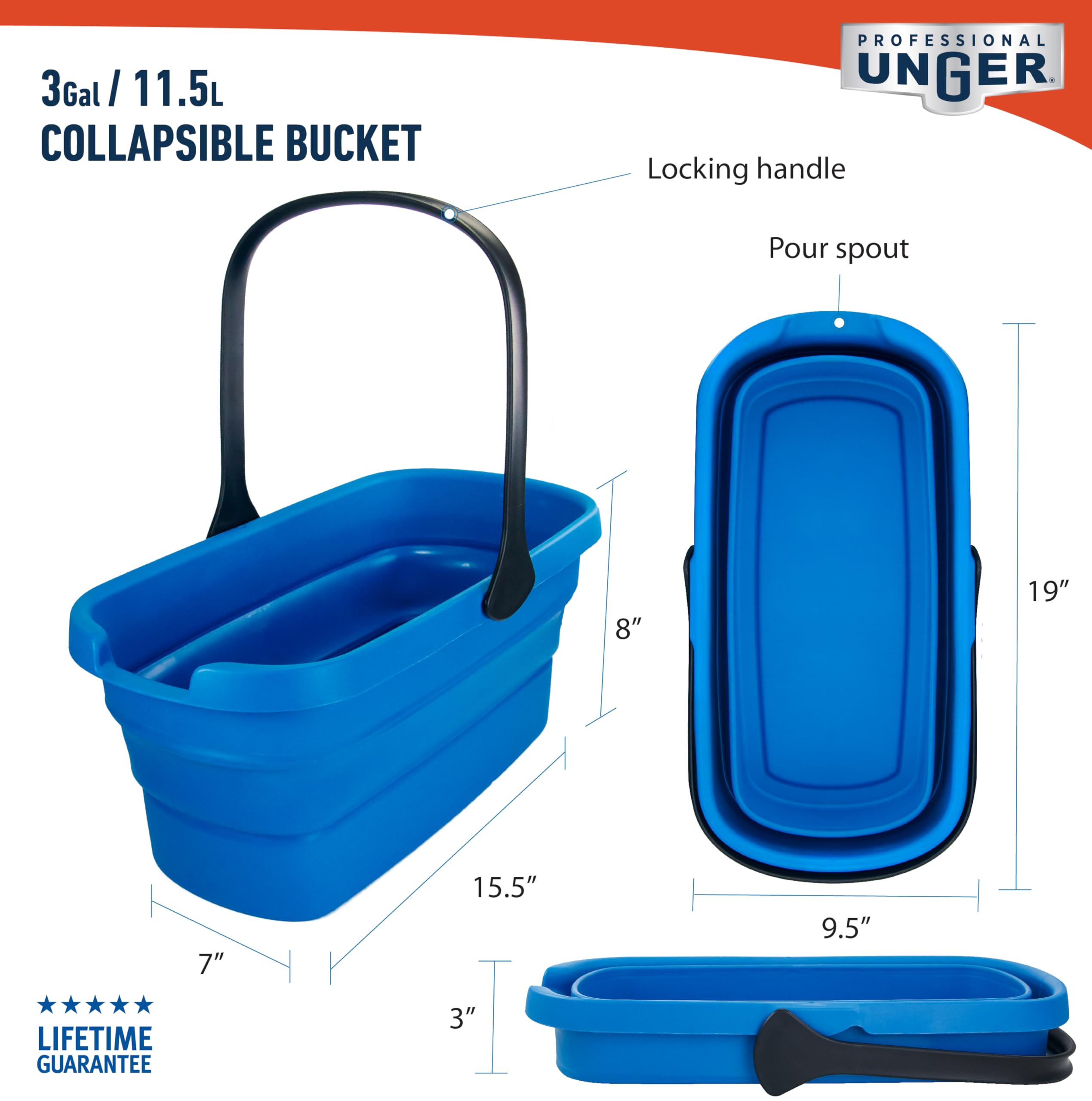 Unger Seau Pliable Professionnel de 3 gallons pour Le Nettoyage, Le Lavage et Le Rangement