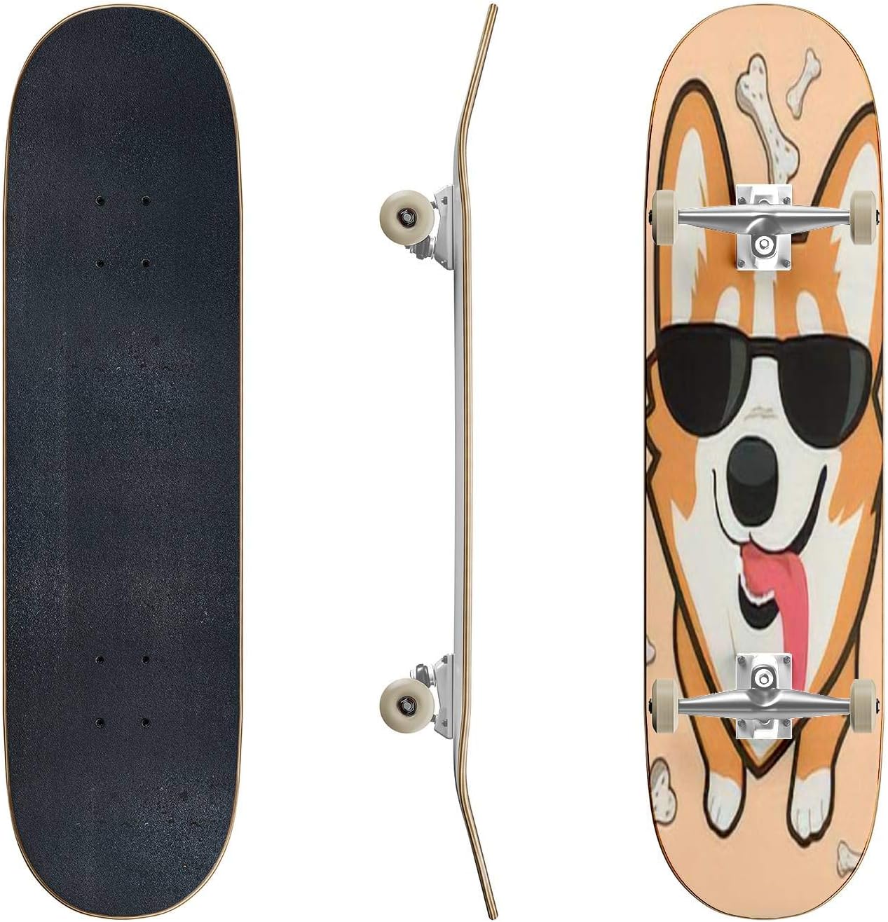 Skateboards Cool Dog Corgi in Sunglasses Stuck Out his Tongue Classic Concave Skateboard Cool Stuff Teen Gifts Longboard Extreme Sports for Beginners and Professionals