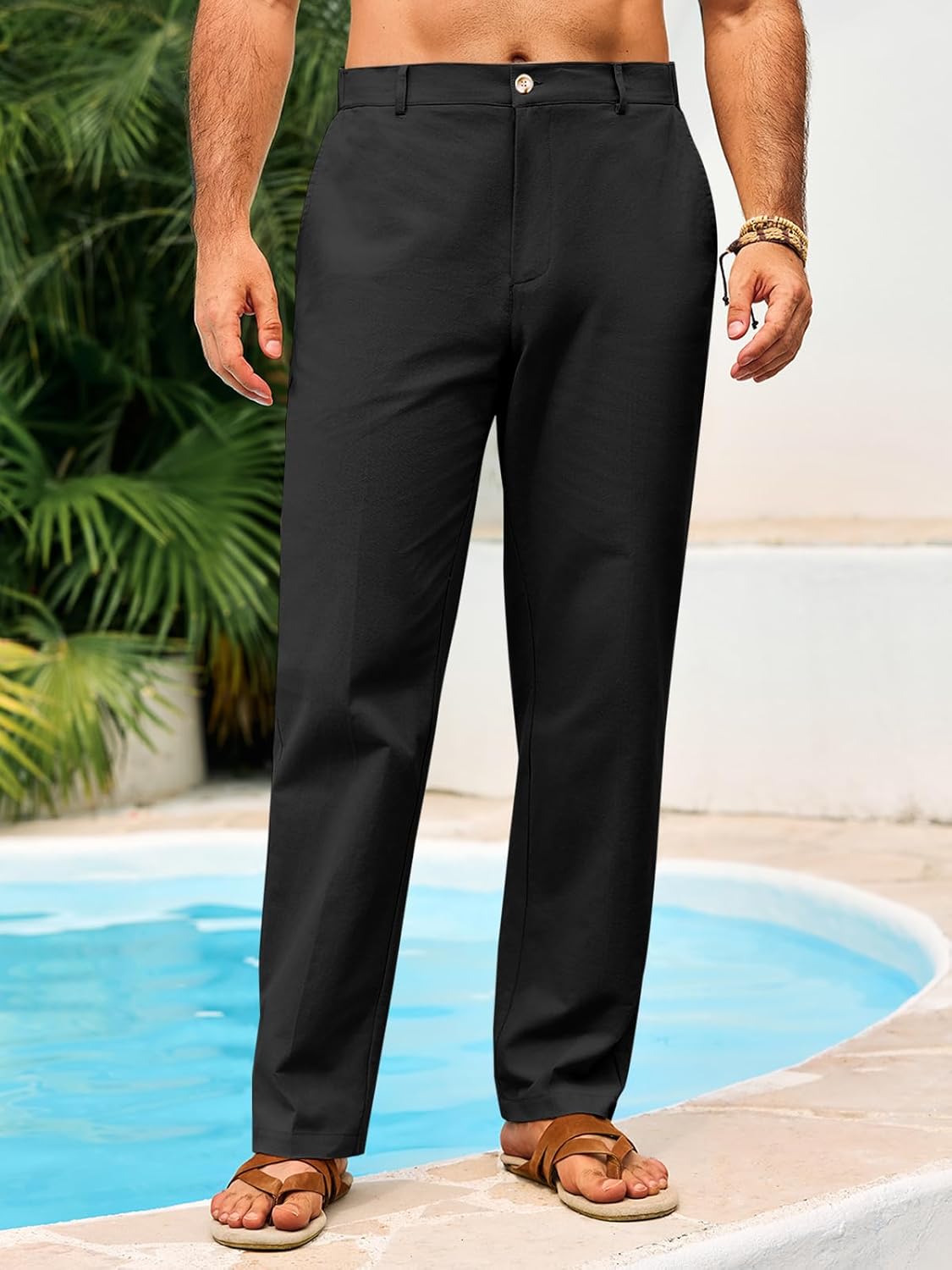 Runcati Mens Casual Pants Linen Elastic Waist Lightweight Straight Leg Pants Cotton Loose Fit Summer Beach Yoga Trousers - Image 3