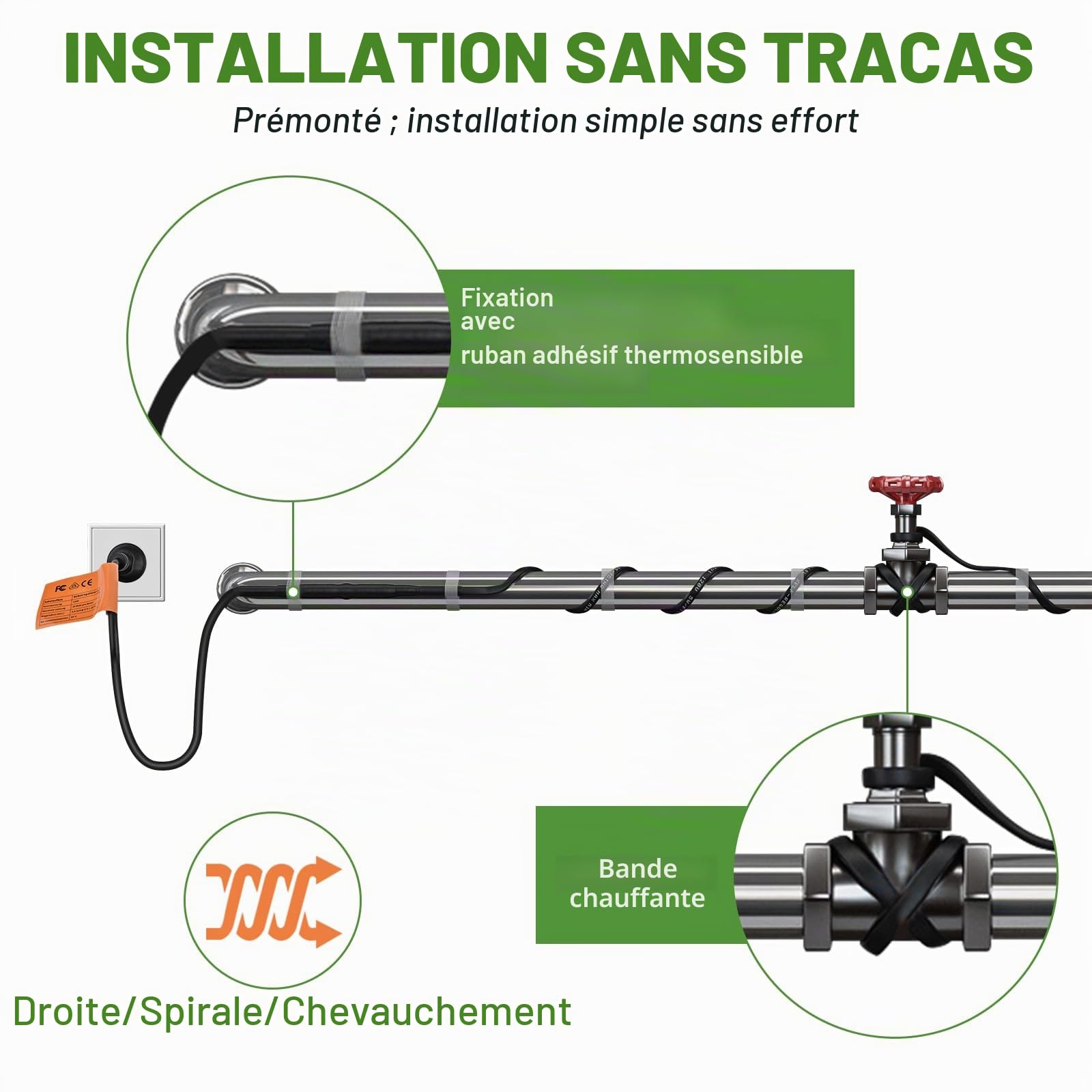 Câble chauffant autorégulateur, 6 m, câble chauffant antigel avec thermostat intégré pour protéger les tuyaux d'eau, idéal pour les plantes, étanche avec fiche de contact de protection 35 W/m