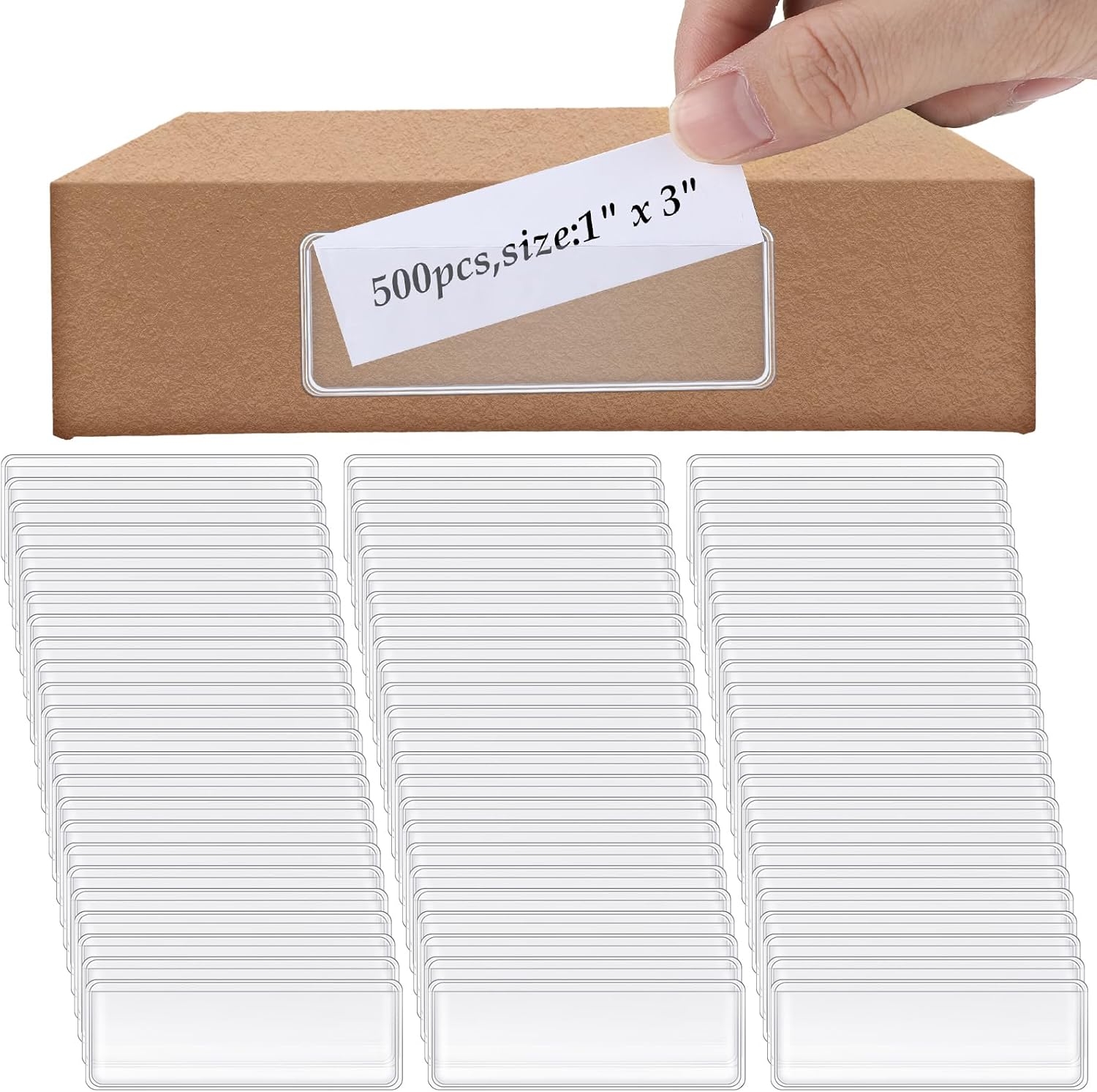 Meanplan 500 Pcs Label Holder Self Adhesive Clear Pocket 3x1 Inch Plastic Shelf Tag Sticking Index Card Pocket for Supermarket Library Kitchen Business Bookshelf Mailbox File Cabinet Storage Bin