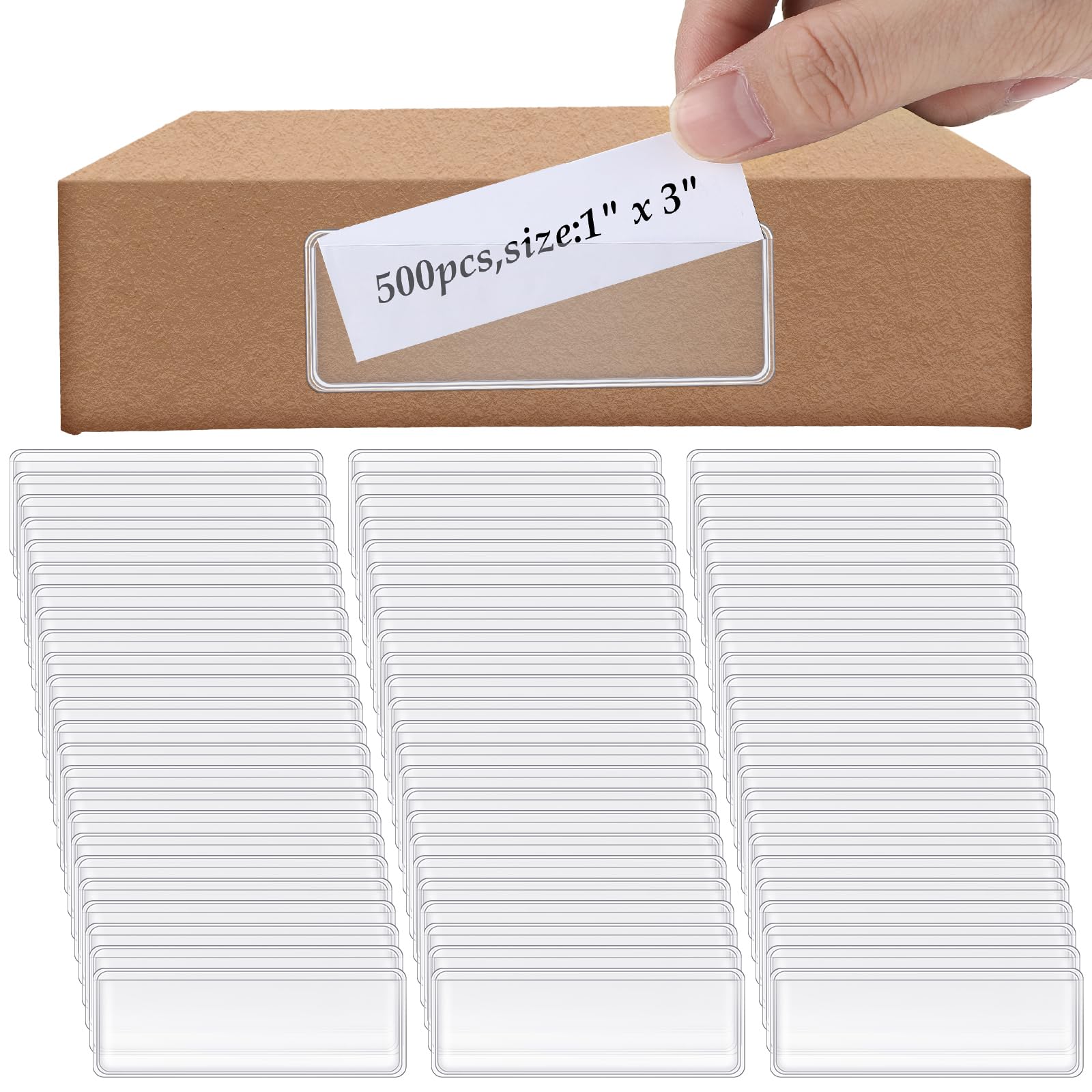 Meanplan 500 Pcs Label Holder Self Adhesive Clear Pocket 3x1 Inch Plastic Shelf Tag Sticking Index Card Pocket for Supermarket Library Kitchen