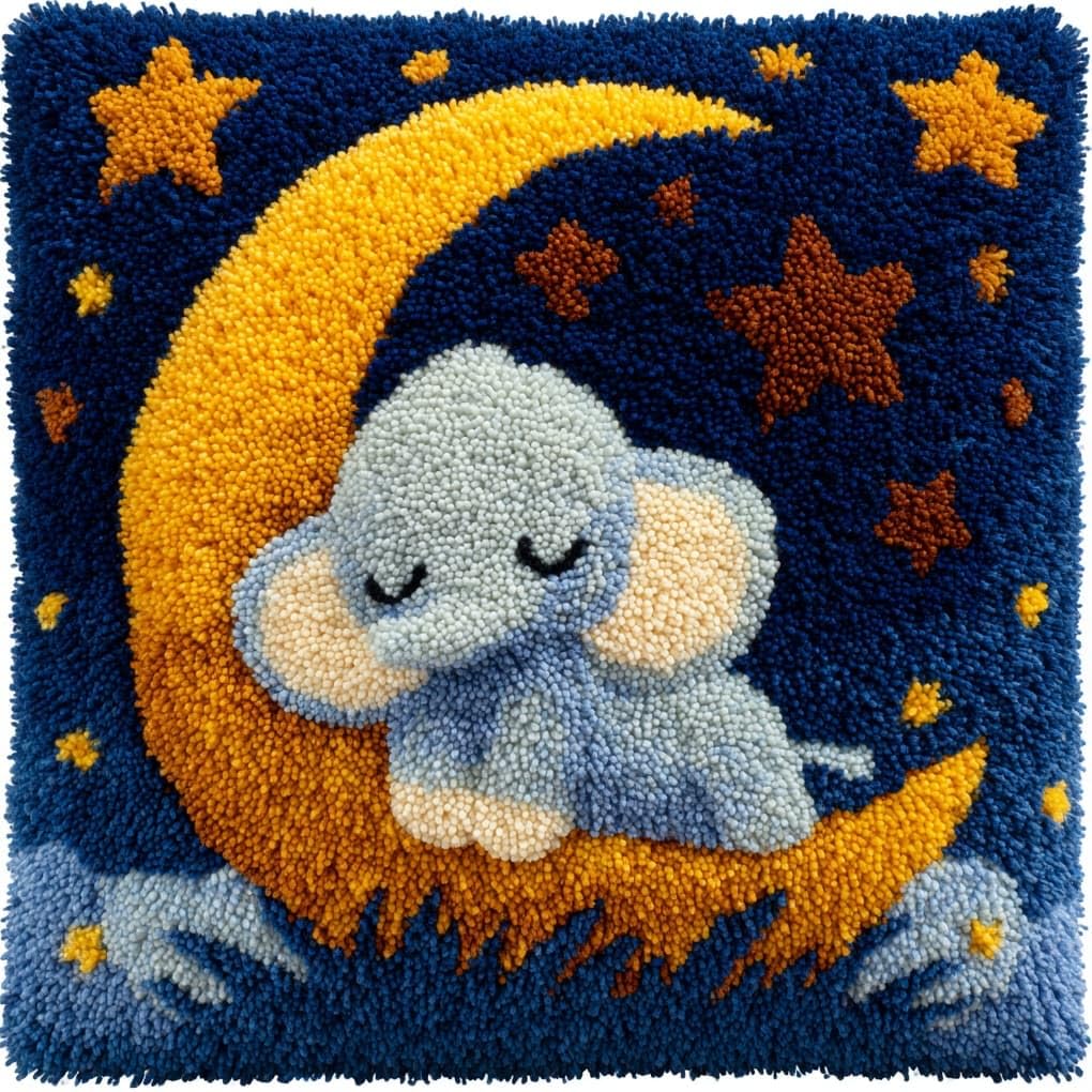Henypt Latch Hook Pillow Kit 43x43cm,The Little Elephant on the Moon Embroidery Cushion Set for Home Interior,Relaxing Hobby for Adults & Craft Beginners