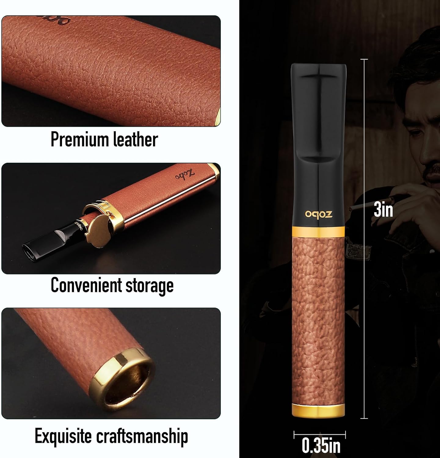 Reusable Cigarette Filter Tips Made of Food Grade Materials Supports Sizes coarse Medium fine Featuring a Leather Style Design, Cigarette Filter Holder Come with a Storage Tube for Convenience
