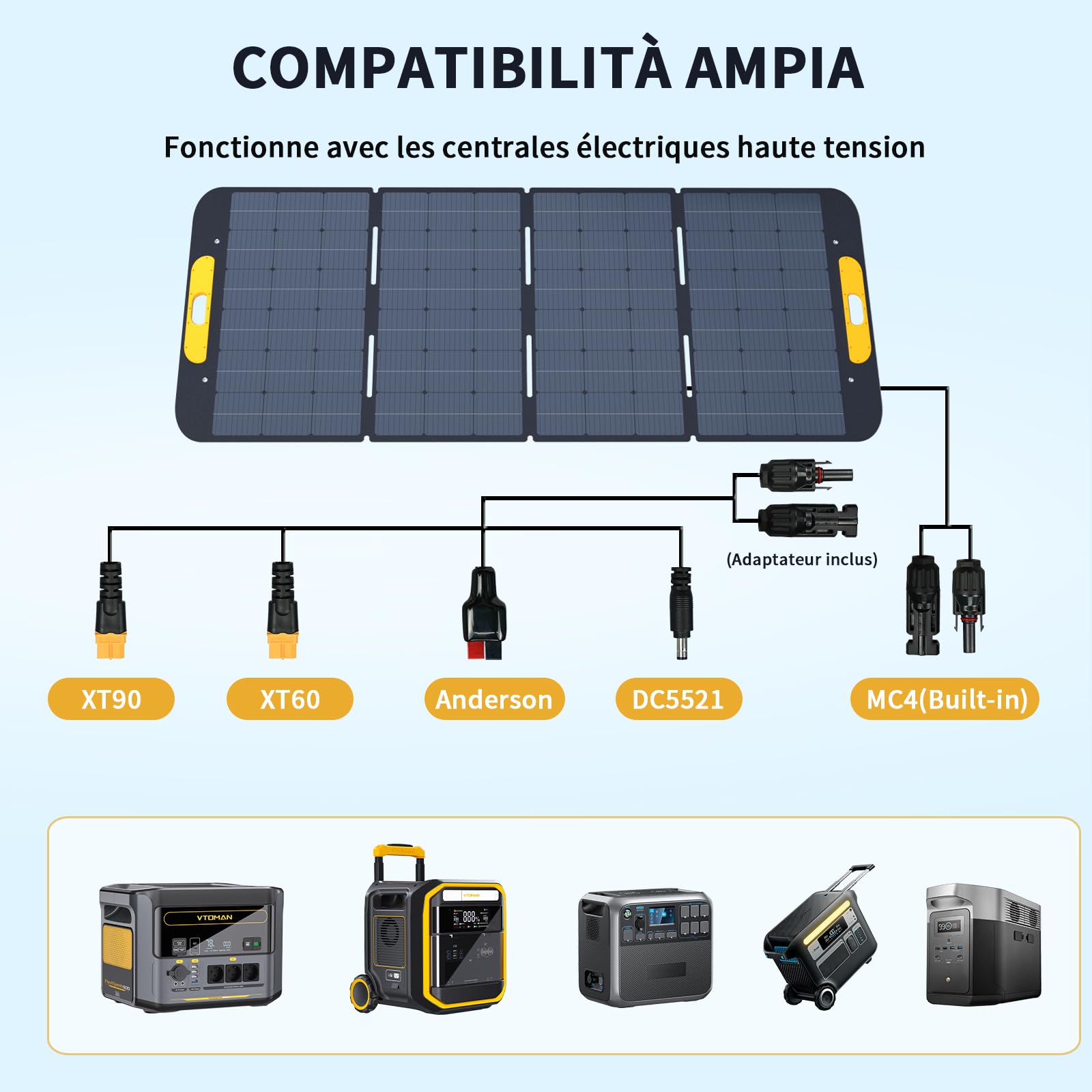 VTOMAN VS400 Panneau Solaire Portable 400W 43V, Efficacité 25% | Pliable & IP67 Étanche, Adaptateurs Anderson XT60 XT90 DC5521, Pieds Réglables, pour station électrique portable