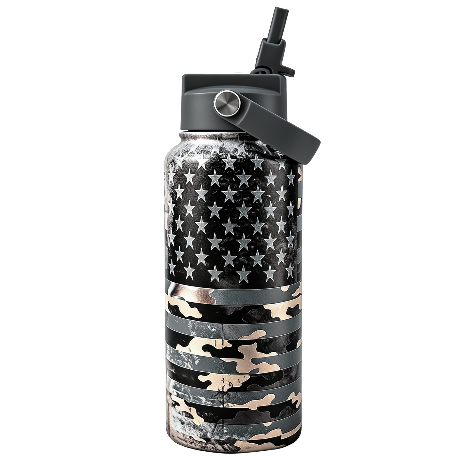 KEWIXY Camouflage Flag Insulated Water Bottle 32 oz, Easy Slide Lid, Leak Proof, Keep Cold 24H, Vacuum Travel Metal Stainless Steel for Men Dads Grandpa, Birthday Christmas Fathers Day July 4th