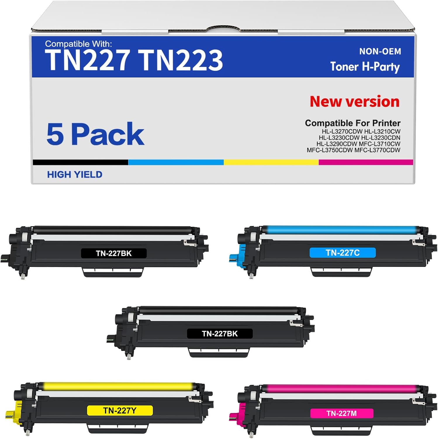 TN227 TN-227BK/C/M/Y High Yield Toner Cartridge: HL-L3290CDW HL-L3270CDW Compatible Replacement for Brother TN-223BK/C/M/Y TN-227 TN223 TN 227 for MFC-L3770CDW MFC-L3750CDW HL-L3210CW Printer 5 Pack