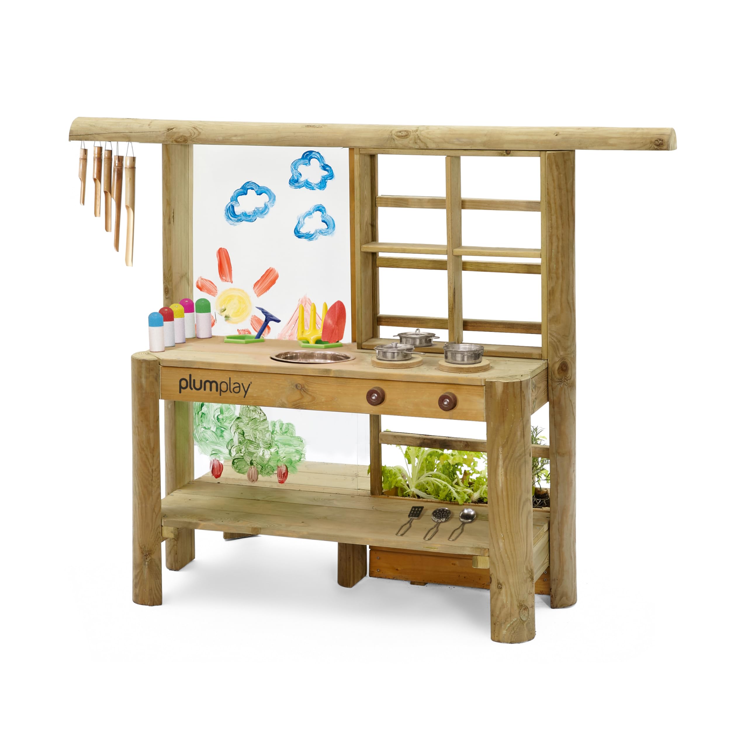 Plum Discovery Outdoor Mud Pie Kitchen Sensory Play - Built in Planter-Garden Tools, Sink, Cooking Utensils, Easy Clean Paint Screen with Water Based Paint, Suitable for 3 Years Plus (110401C108)