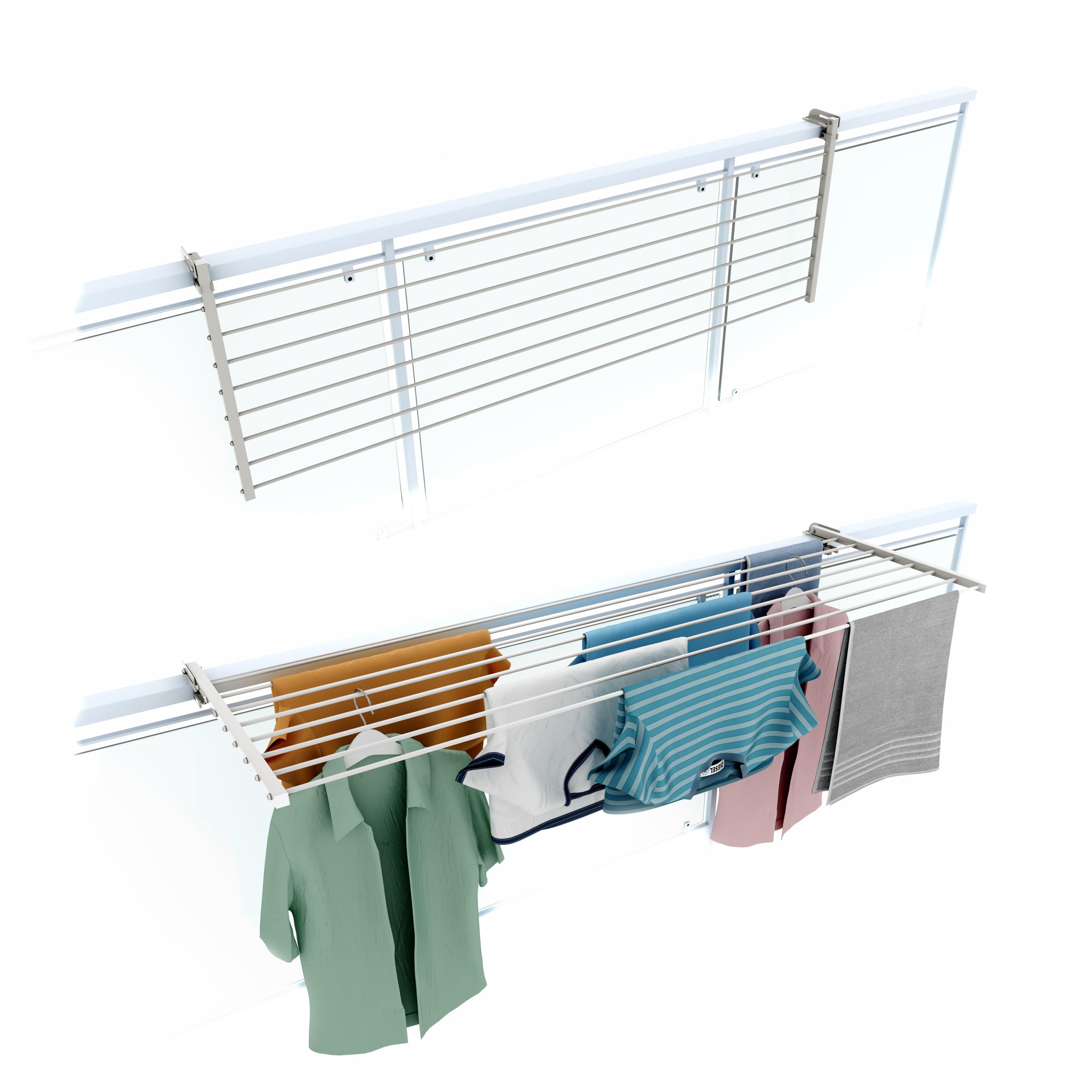 foxydryFolding Balcony Airer, Heavy Duty Outdoor Railing Airer in Stainless Steel and Duo Aluminum, for Patios, Balconies and Railings - Length 162 cm (White, 162 cm)