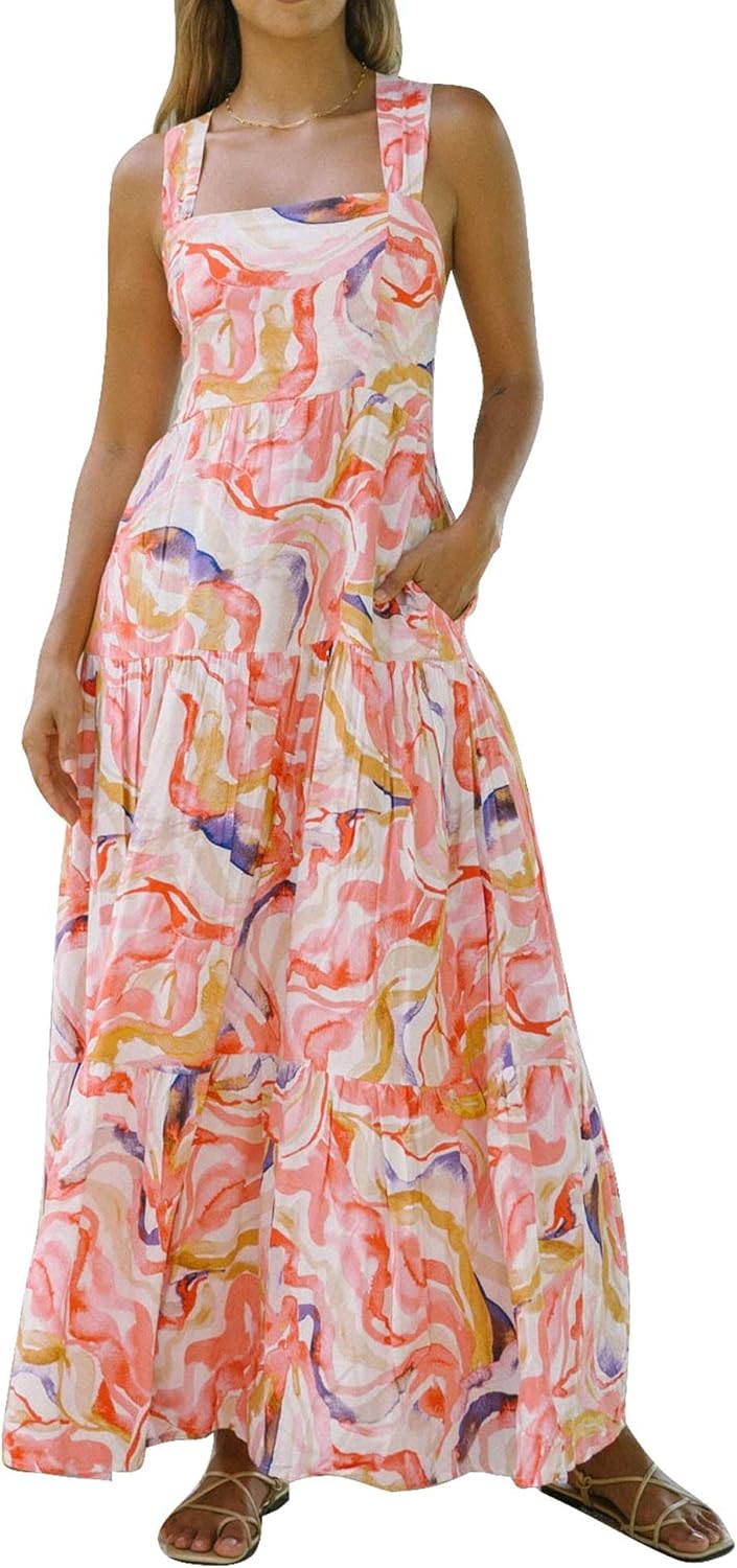 Women's Loose Floral Bohemian Spaghetti Strap Tiered Ruffle Flowy Boho Long Maxi Tent Dress with Pockets