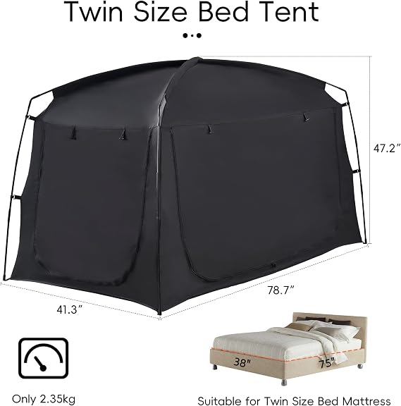 Privacy Sleep Indoor Bed Tent for Adults Kids, Portable Blackout 90% Canopy Tents with 3 Doors Breathable Mesh Windows