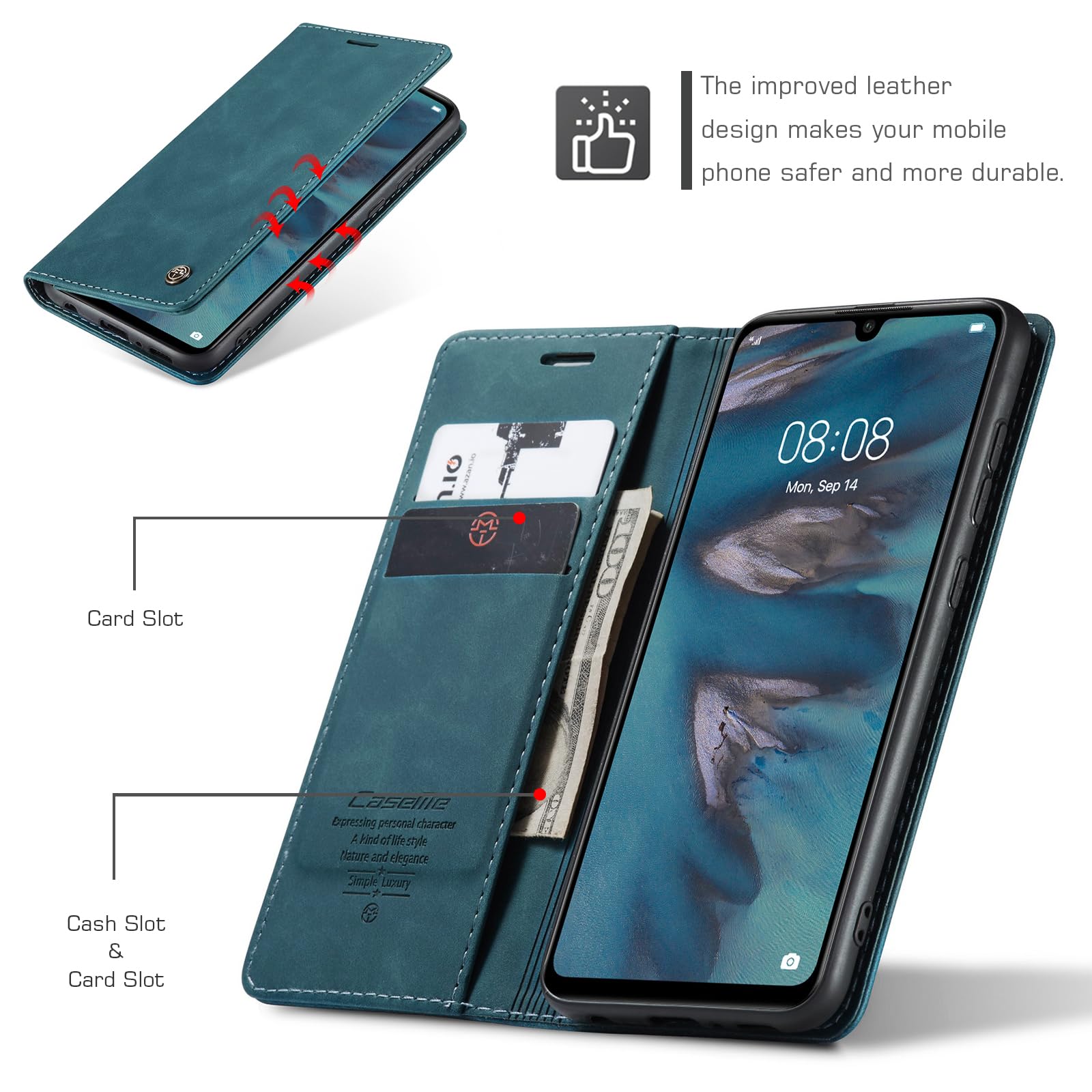 for Huawei P30 Lite Case, Flip Wallet Leather Case with Card Holder Magnetic Closure Shockproof Kickstand Protective Phone Cases Cover for Huawei P30 Lite,Blue-Green — view 2
