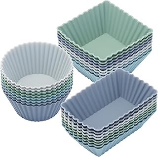 24Pack Silicone Muffin Cups, Reusable Cupcake Liners Molds for Baking, 3 Shapes Lunch Box Bento Dividers-Round, Square, and Rectangular (Grey Series, Regular Size)