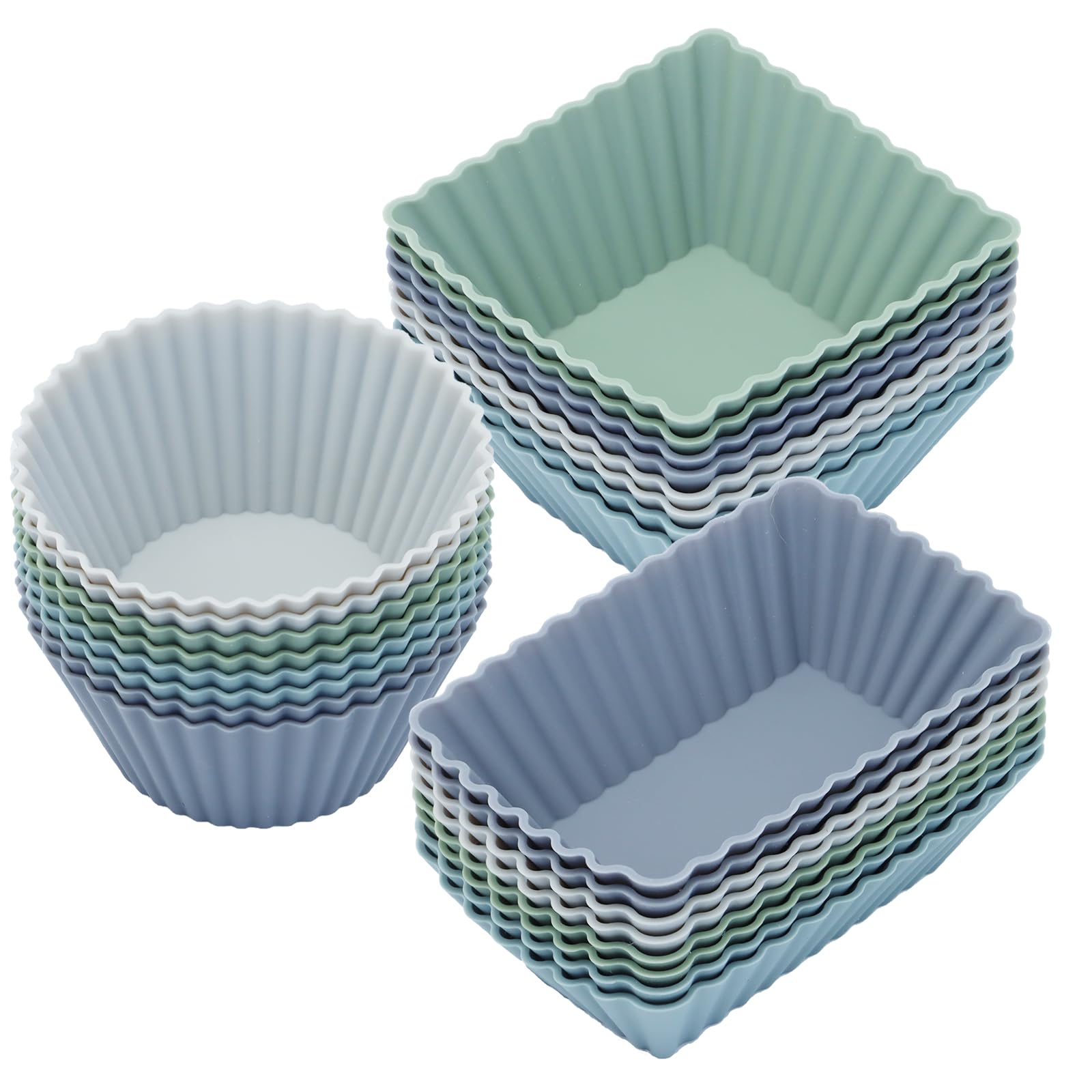 24Pack Silicone Muffin Cups, Reusable Cupcake Liners Molds for Baking, 3 Shapes Lunch Box Bento Dividers-Round, Square, and Rectangular (Grey Series, Regular Size)