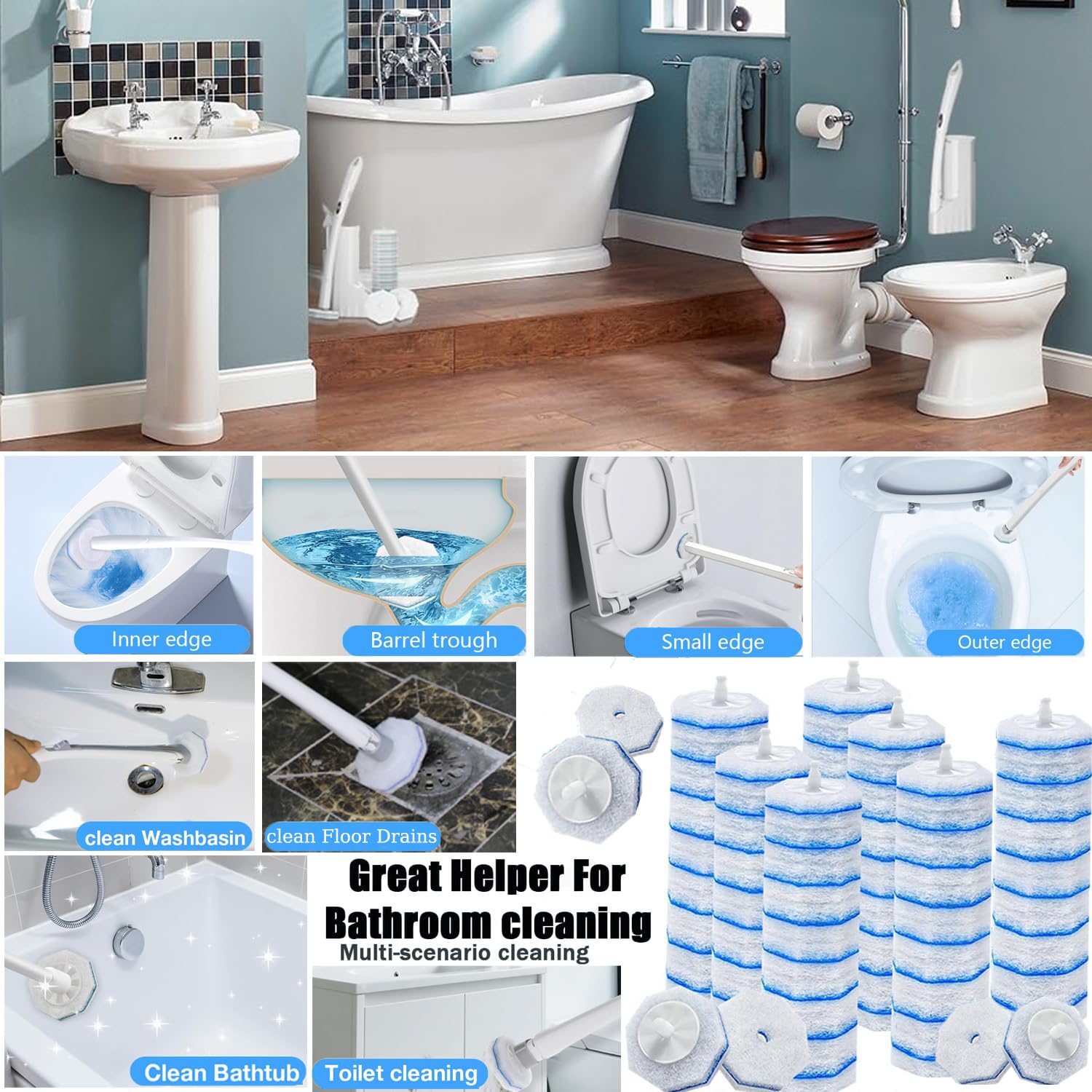 60 ricariche per WC Clorox, per scopino WC usa e getta, strato di pulizia ispessito, non si sfalda, per la pulizia di ceramica e bagno (blu)