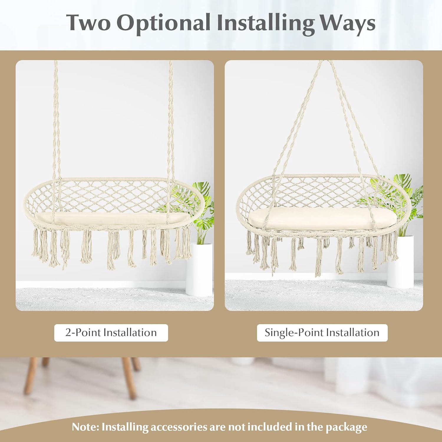 Tangkula 2-Person Hammock Chair, Hanging Hammock Macrame Swing with Cushion, Cotton Rope, Tassels, Bohemian Style Hanging Chair for Bedroom, Indoor, Outdoor (Beige)
