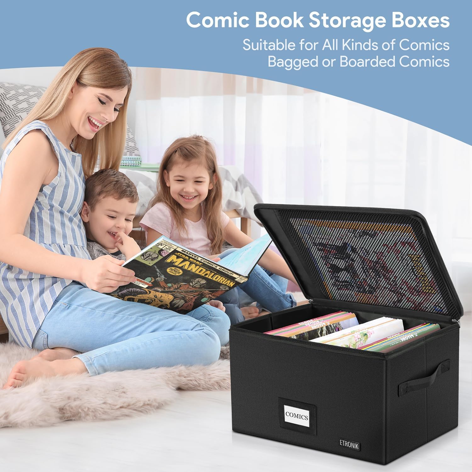 ETRONIK Comic Book Storage, Comic Book Boxes with Zipper, Comic Short Box Holds 175 Comics with Identifying Label Slot, Comic Book Box Holder Fully Close, Comic Book Bin Container 16.3" X 13.4" X 9.4"