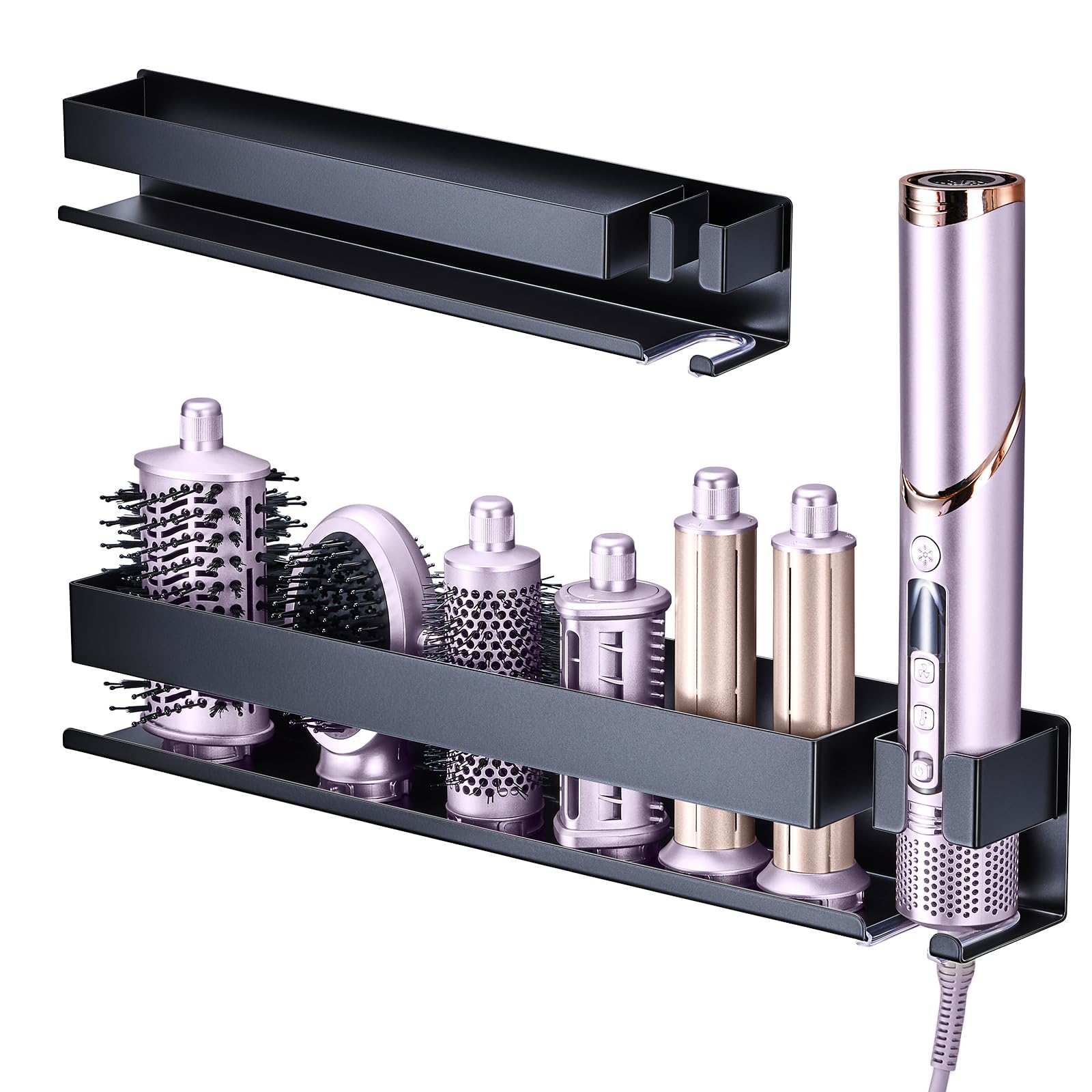 Soporte de Pared para Secador y Planchas, Soporte Pared Secador Pelo, Soporte Plancha Pelo, Organizador sin Taladrar para Planchas de Rizo, Cepillo de Aire y Accesorios de Maquillaje en baño (Plata)