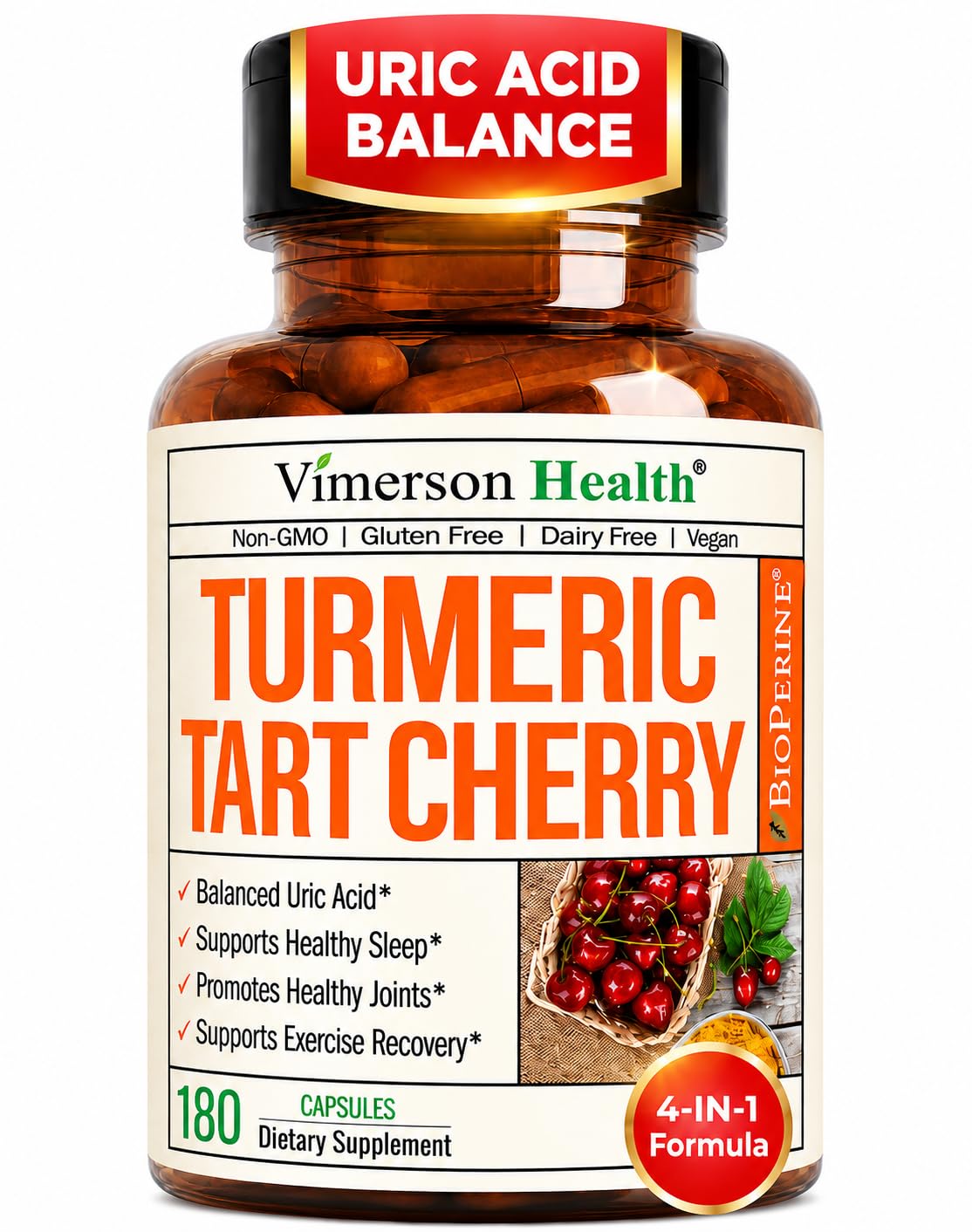 Tart Cherry Capsules with Turmeric 600mg for Uric Acid & Joint Health 180Ct 180 Count (Pack of 1)