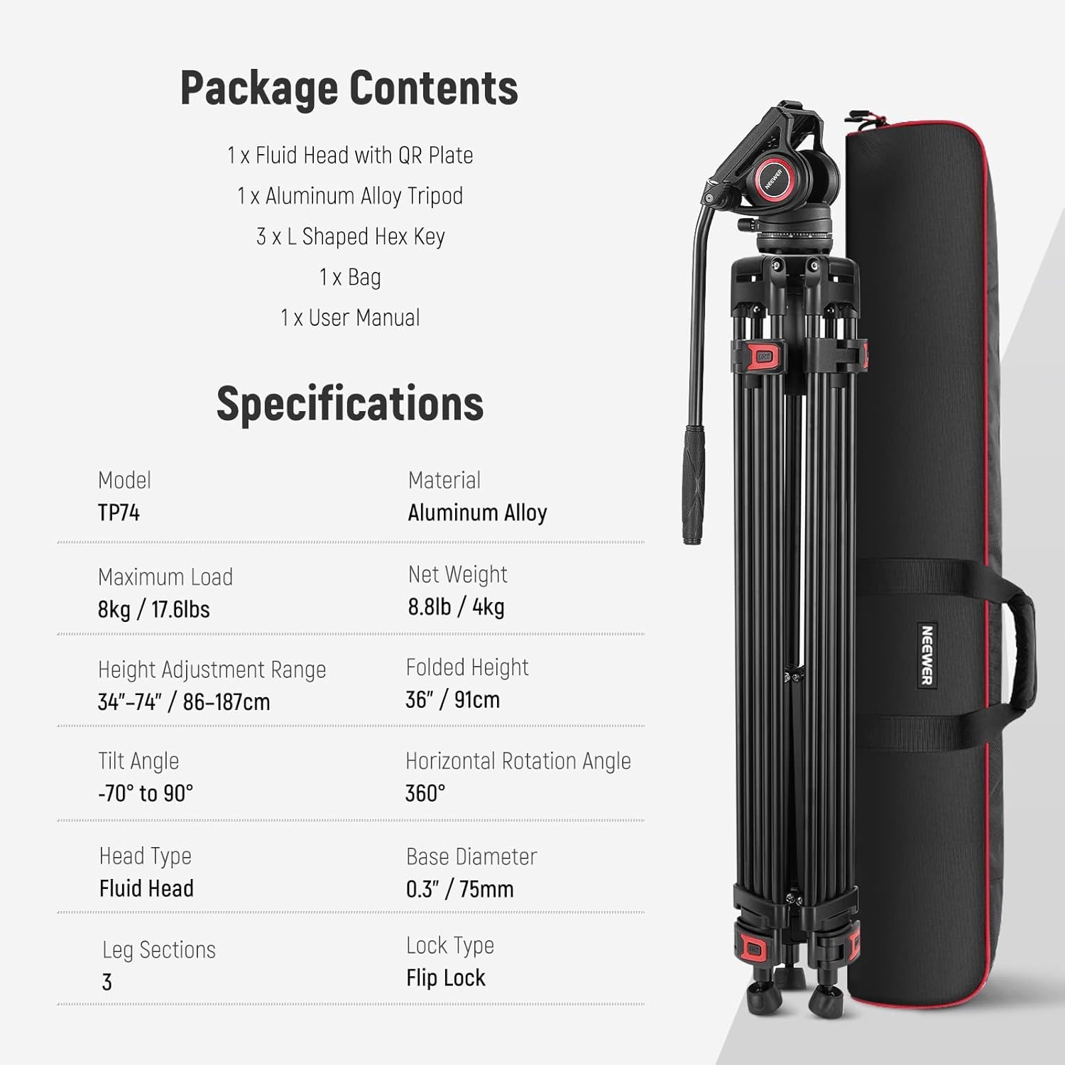 NEEWER Trépied Vidéo Pro 74 pouces avec Tête Fluide, Plaque QR Compatible avec DJI RS Gimbal, Trépied Robuste avec Poignée Télescopique Base d'Escalade pour DSLR, Max. 17,6 lb/8 kg, TP74