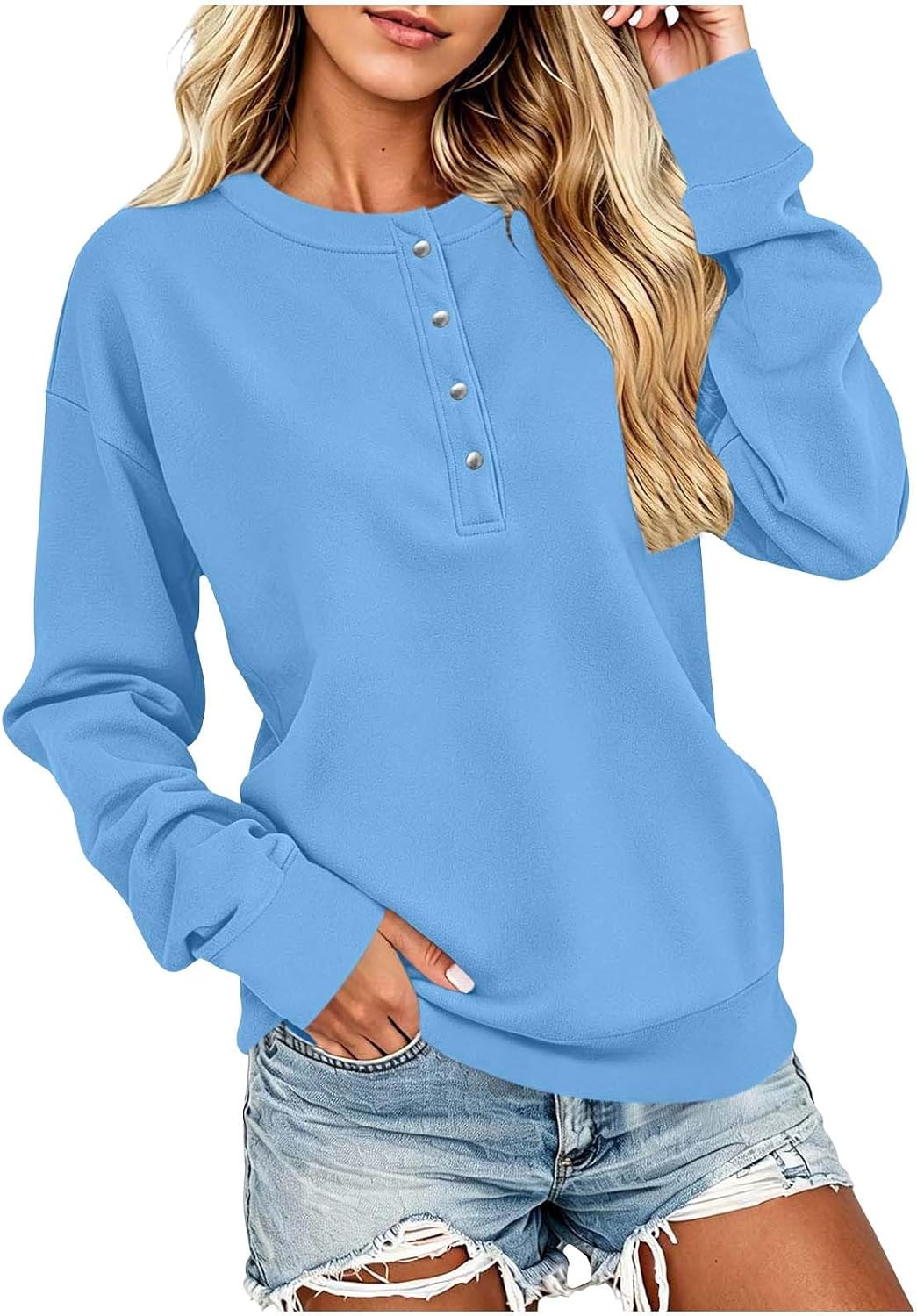 Womens Henley Shirts Long Sleeve Button Casual Pullover Tops | Metallic Snap Buttons, Classic Scoop Neckline, Banded Bottom Hem, Stretchy Knit Material, Effortless Weekend Apparel