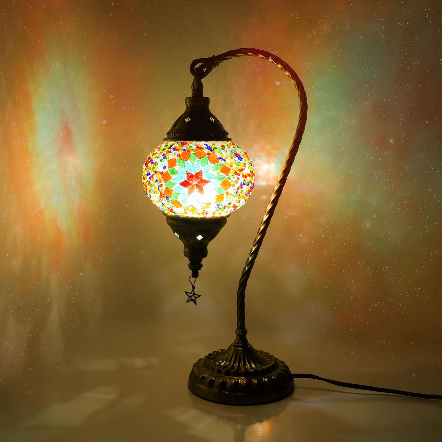 Turkish Moroccan Lamp with 3 Color Options - Handmade Tiffany Mosaic Glass Bedside Lamp with Bronze Base, Swan-Neck Nightstand Light for Bedroom (LED Bulb Included) (Color)