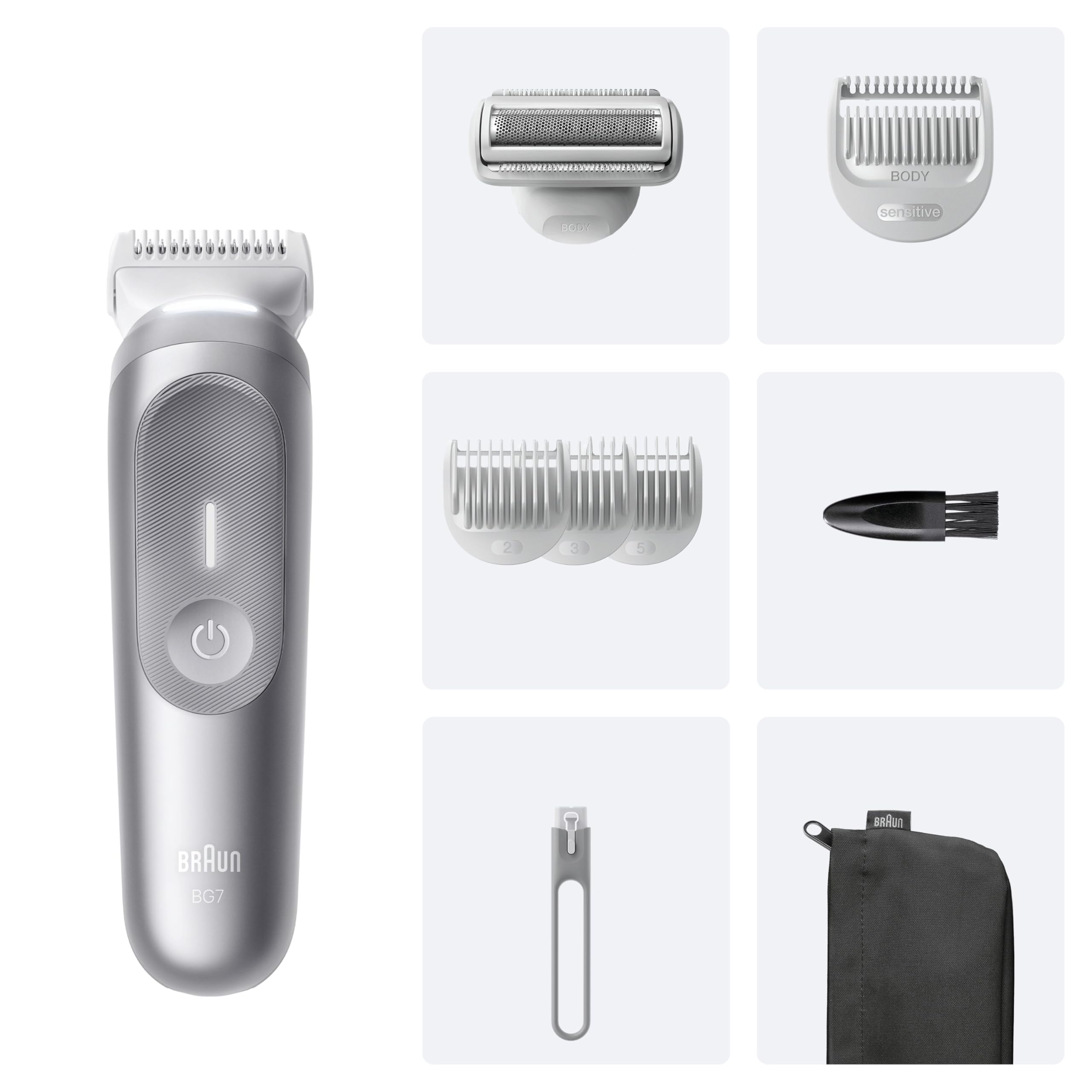 Braun Tondeuse Electrique Homme, pour le Corps, Series 7 BG7555, Grise | Etanche, Batterie Rechargeable, Coffret avec +8 Outils de Rasage, Tête SmoothShave, Accessoire SensitiveTrim