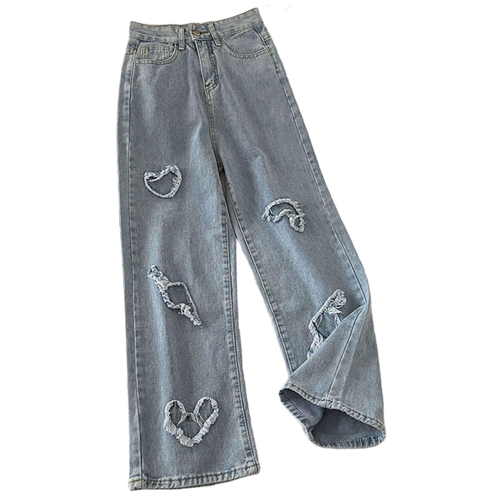 Girls Jeans Wide Leg Baggy Denim Pants Elastic Waisted Trouser Children Distressed Pants with (Blue, 13-14 Years)