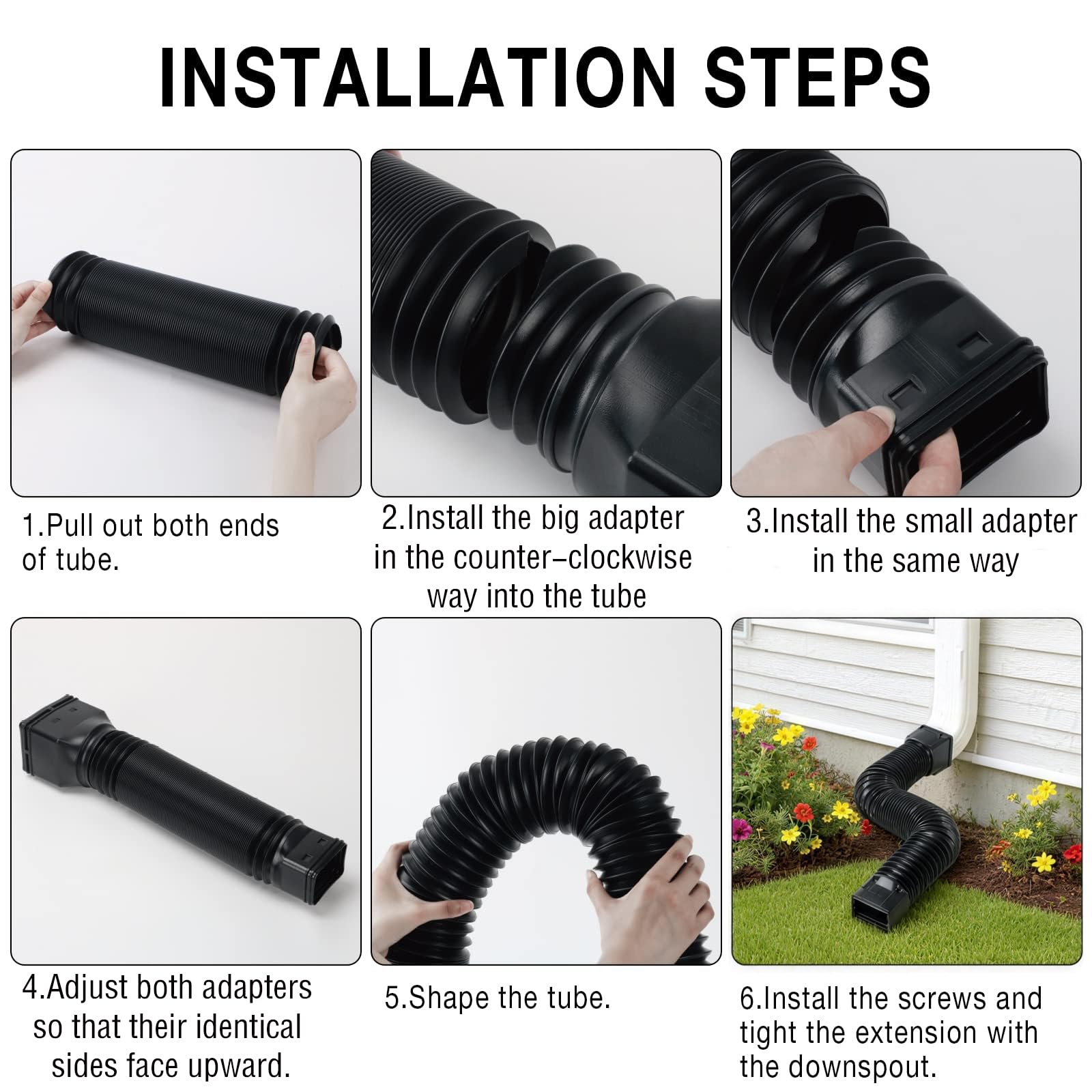 16.5ft Long Gutter Downspout Extensions for Rainwater Drainage, 4” Diameter Thickened Flexible Downspout Extender Extendable from 3.6ft to 16.5ft(Black) - 4