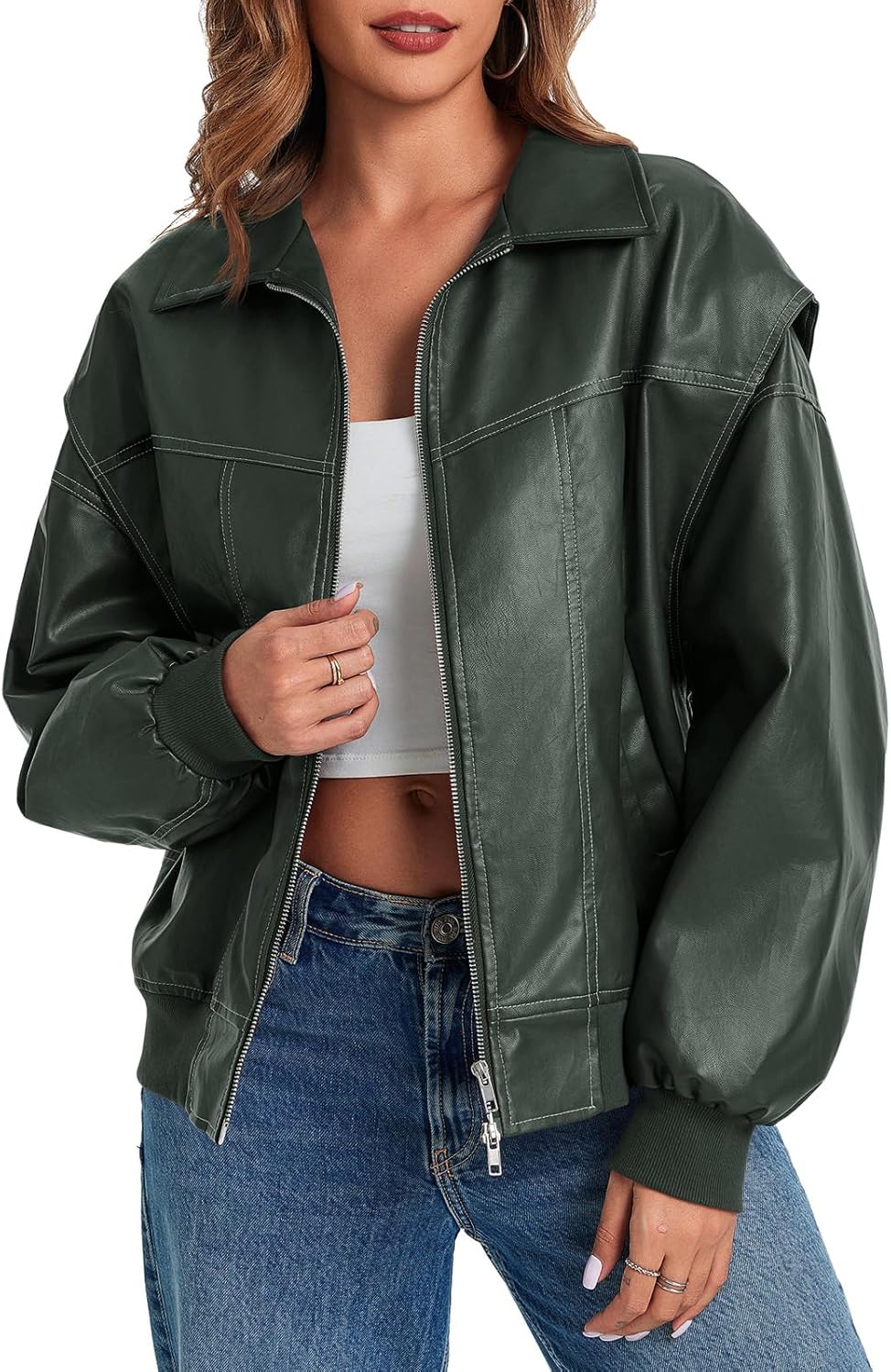 Tankaneo Womens Oversized Leather Bomber Jackets Cap Sleeve Zip Up Motorcycle Coats with Pockets - Image 5