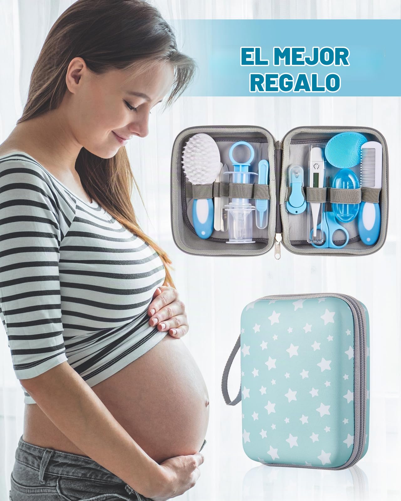 Lictin Set para Cuidado del Bebé-15 Piezas Kit de Aseo para Bebé con Cuchara de Oreja con LED Cepillo de Pelo y Peine,Cortador de Uñas Cepillo de Dientes de Dedo para Viaje y el Uso Diario (Azul lago)