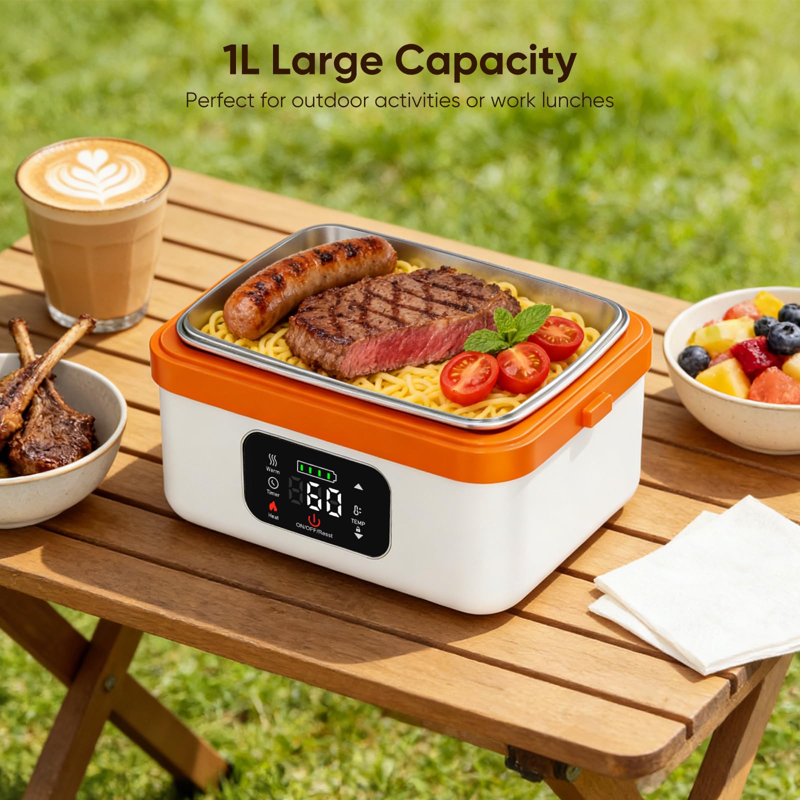 Fiambrera Electrica, 1L Inteligente Fiambrera Termica Portátil con Pantalla Táctil, Taper Electrico para Comida con Vajilla de Acero Inoxidable y Bolsa Aislante para Coche Oficina Viajes