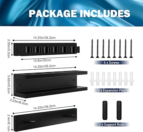 Miniatura 5 de Soporte de pared para palos de billar, soporte para 6 palos de piscina y accesorios de billar, estilo rústico (negro - con estante de bolas)