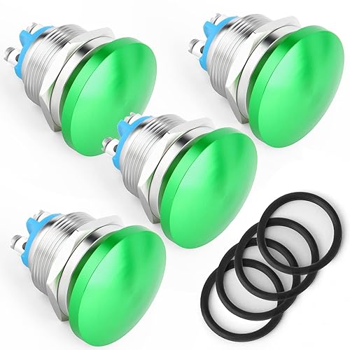 Miniatura 1 de QCQIANG Interruptor de botón de cabeza de hongo verde momentánea impermeable de 0.866 in, cableado de patas de tornillo 3A3V-220V
