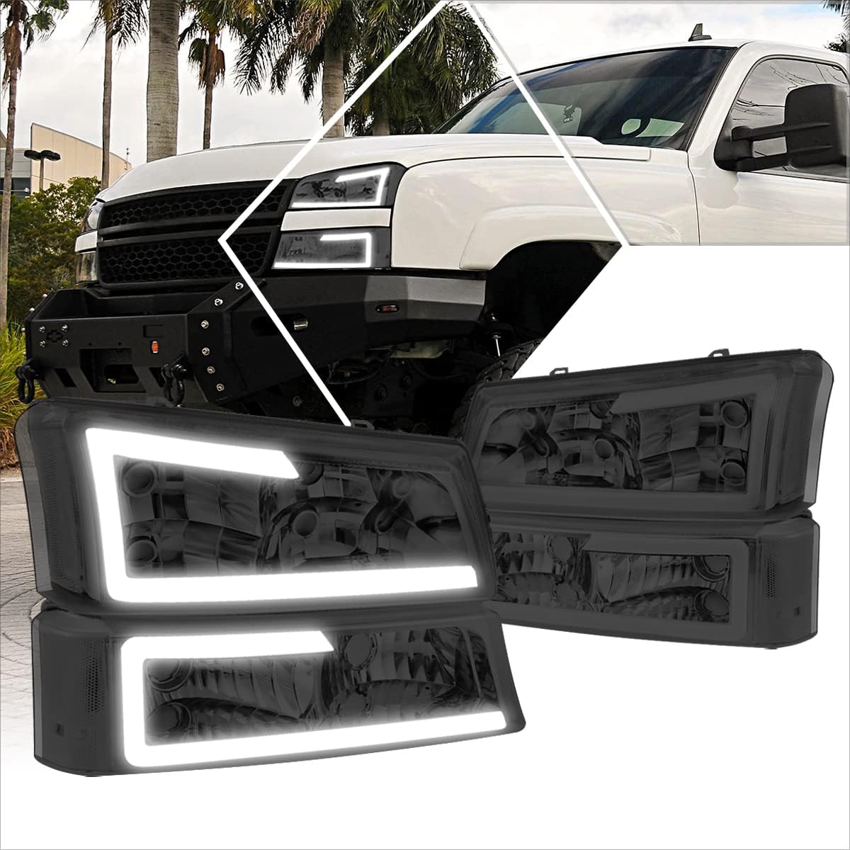 PM PERFORMOTOR [4Pcs-Set] LED DRL Headlights+Bumper Lamps Compatible with 03-07 Chevy Silverado Avalanche,Black Housing/Clear Lens