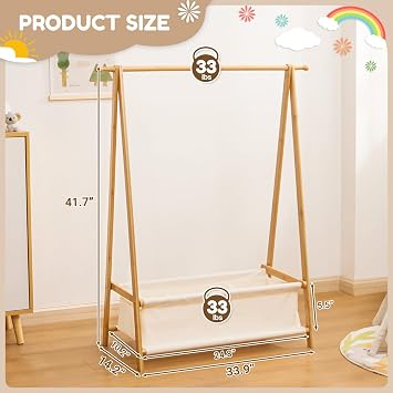 Cozivolife Kids Clothing Rack with Storage Box, Dress up Holder, Child Garment Stand with Hanging Rods, Small and Foldable, Bamboo (Natural)