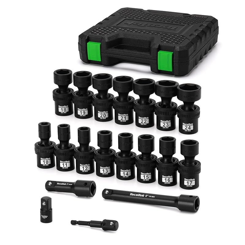 TecoTek Kit de Soquetes de Impacto Articulados Rasos com Acionamento de 12,7 mm (1/2 pol.), 10–24 mm, Aço CR-MO, Kit com 19 peças