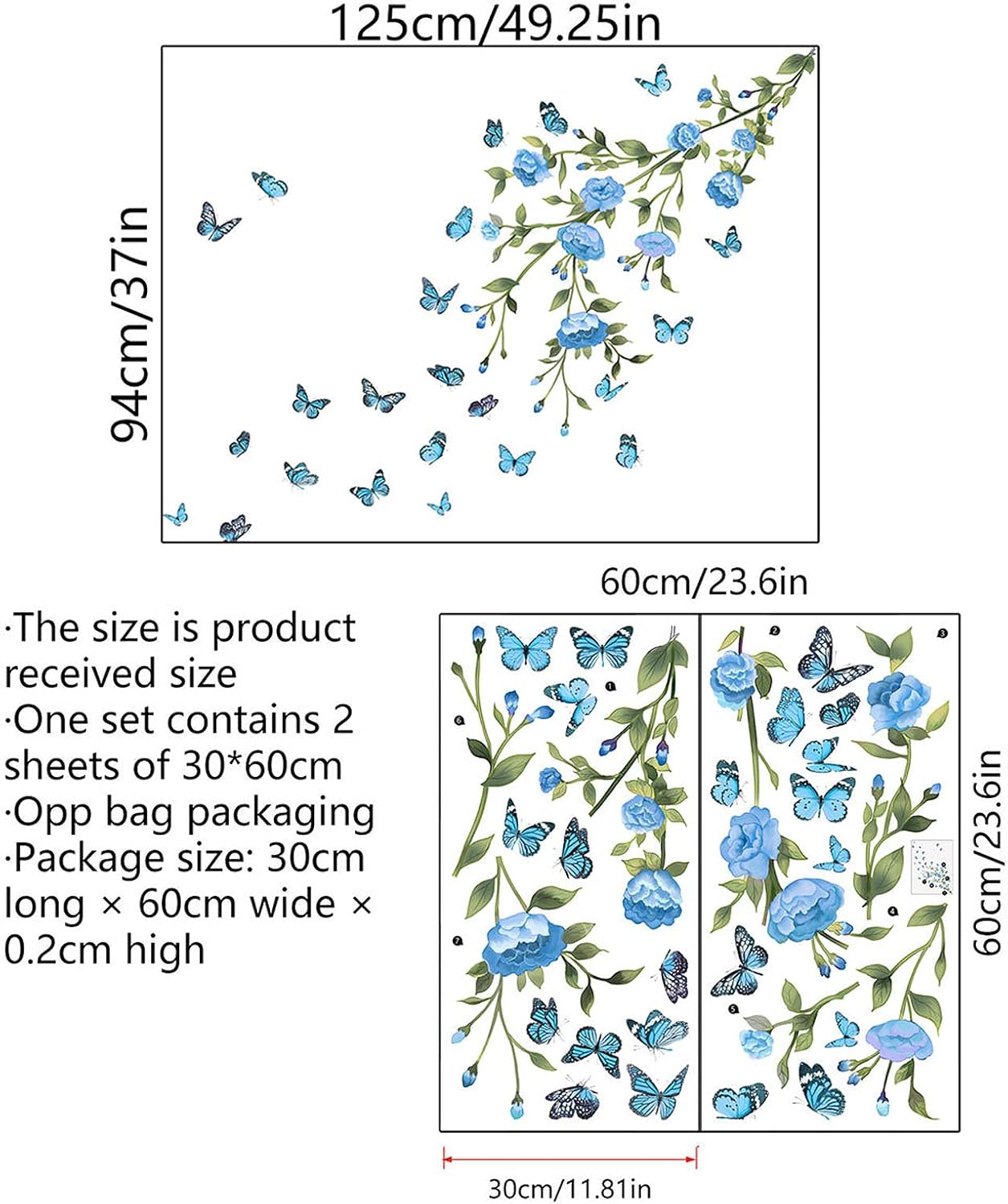 Flower Wall Decals Tree Branch Wall Stickers Peel and Stick Removable DIY Floral Butterflies Wall Decals Tree Leaves Plant Wall Art Stickers Murals for Home Wall Decor (Blue)