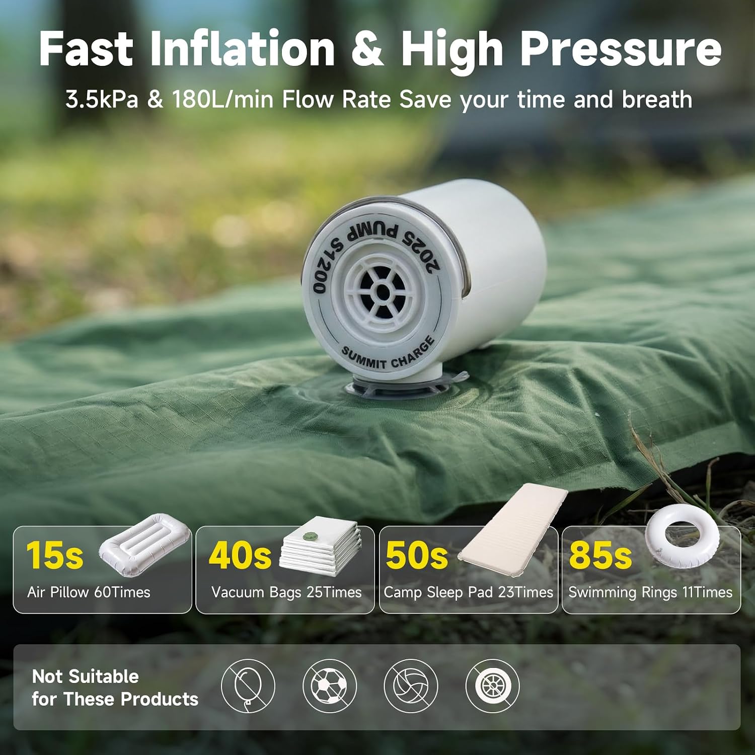 Mini Air Pump for Inflatables, S1200 Ultra-Mini 3-in-1 Rechargeable Electric Air Pump(0.5PSI/3.5kPa) with Camping Light, 5 Nozzles for Air Mattress, Pool Floats, Sleeping Pads